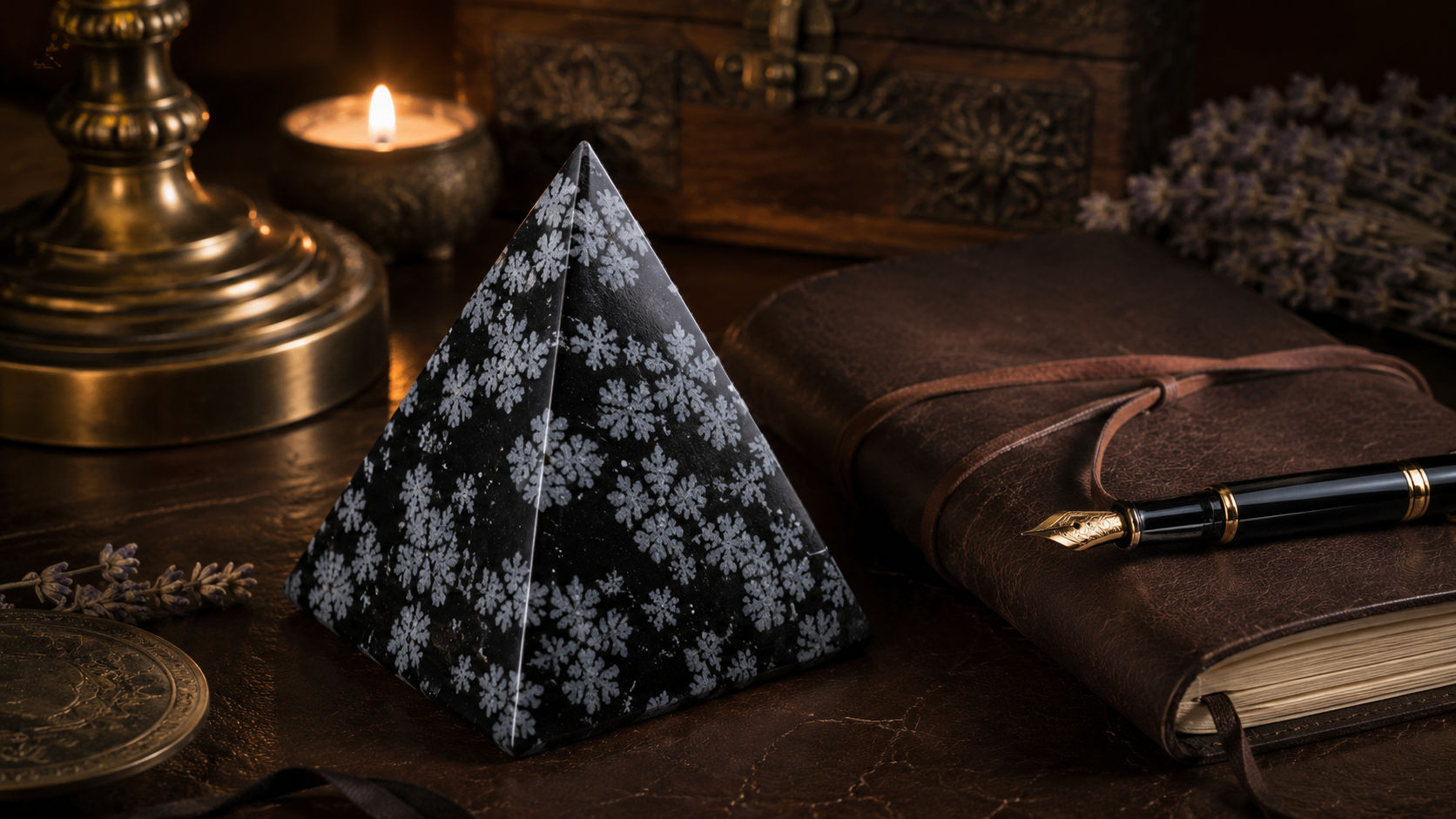 Pirámide de Obsidiana Copo de Nieve en el área de estudio para enfocar la mente y disolver bloqueos cognitivos.
