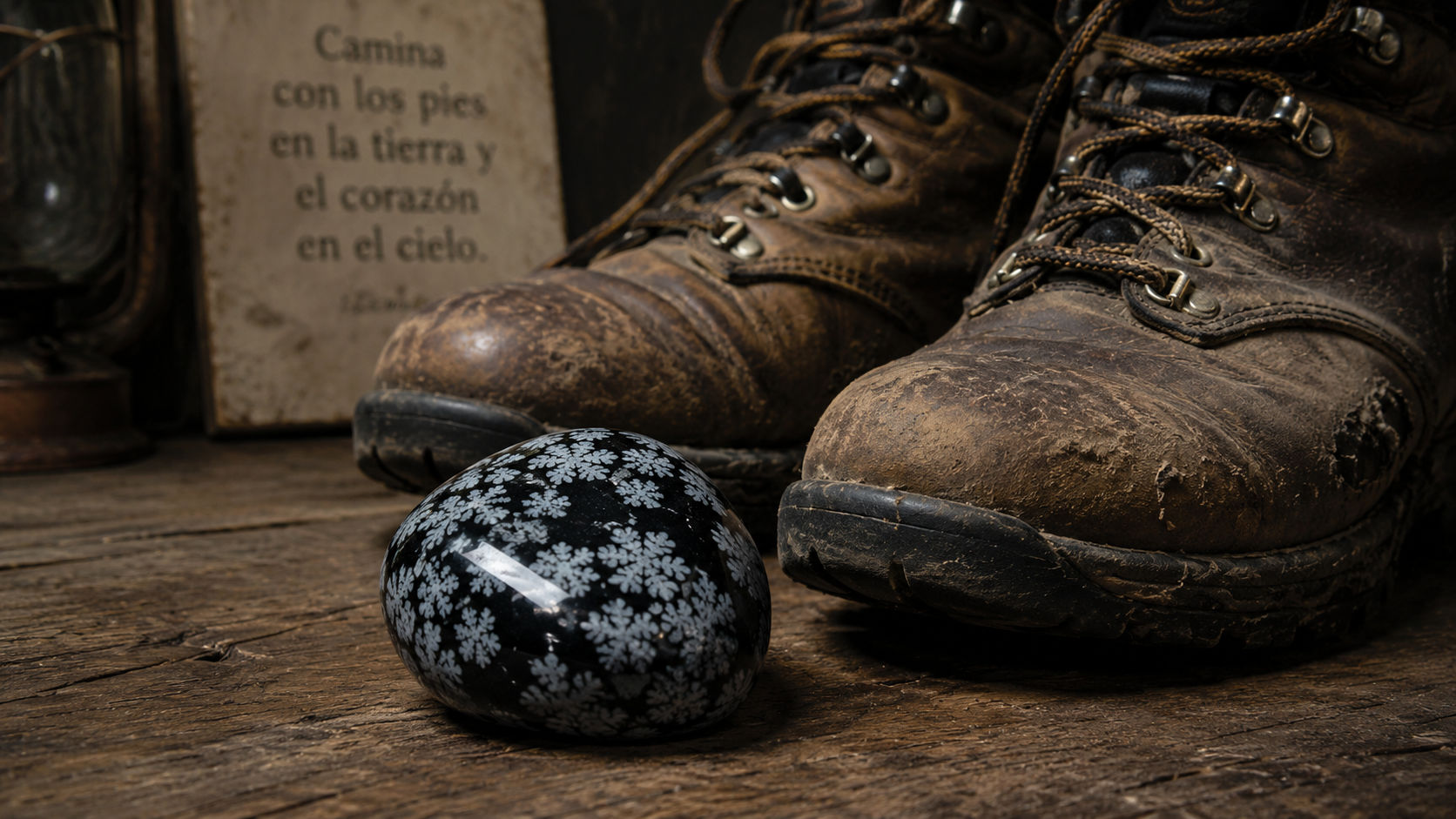 Obsidiana Copo de Nieve junto al calzado para infundir firmeza y arraigo al caminar en Umbral Astral.