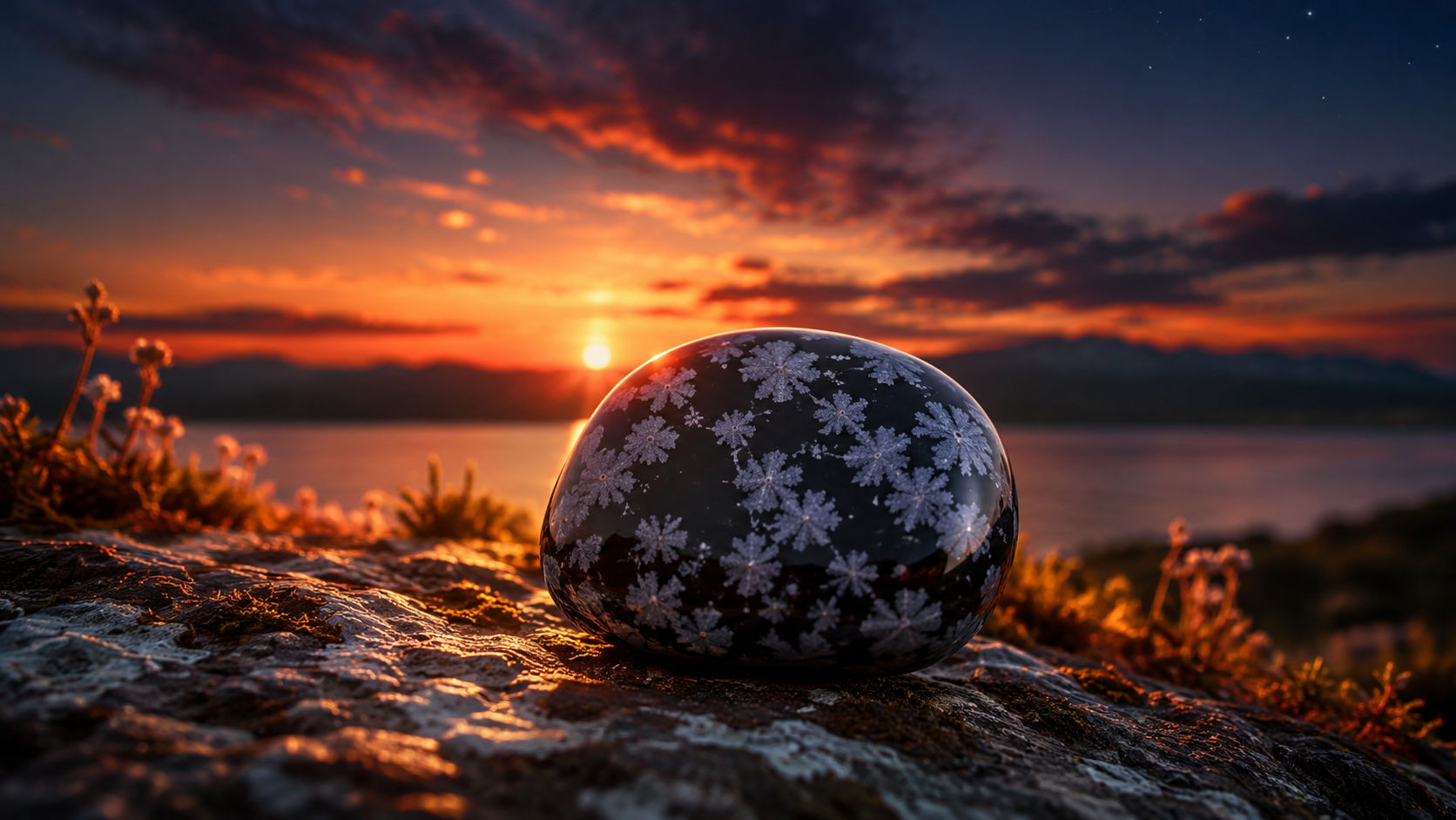 Permite que el cristal reciba los rayos del sol poniente justo cuando el día se entrega pacíficamente a los brazos de la noche. Este cruce exacto de luces aviva la magia de sus copos blancos y sella el pacto de equilibrio en su interior.
