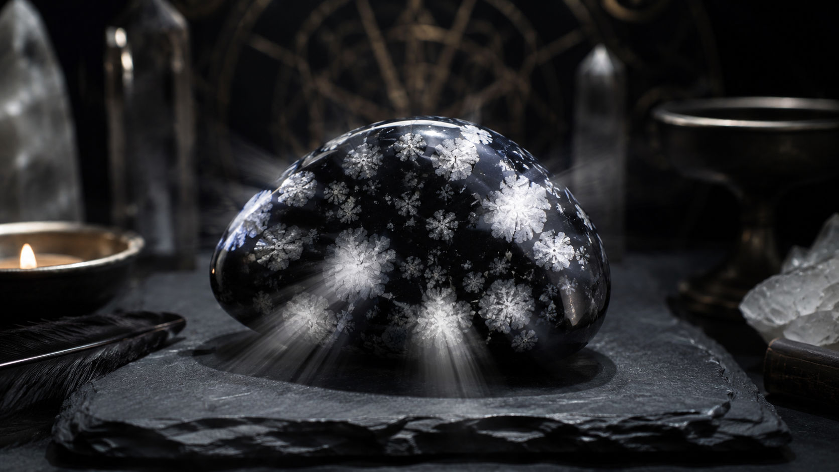Piedra de Obsidiana Copo de Nieve integrando destellos de luz en la matriz negra para abrazar la sombra.