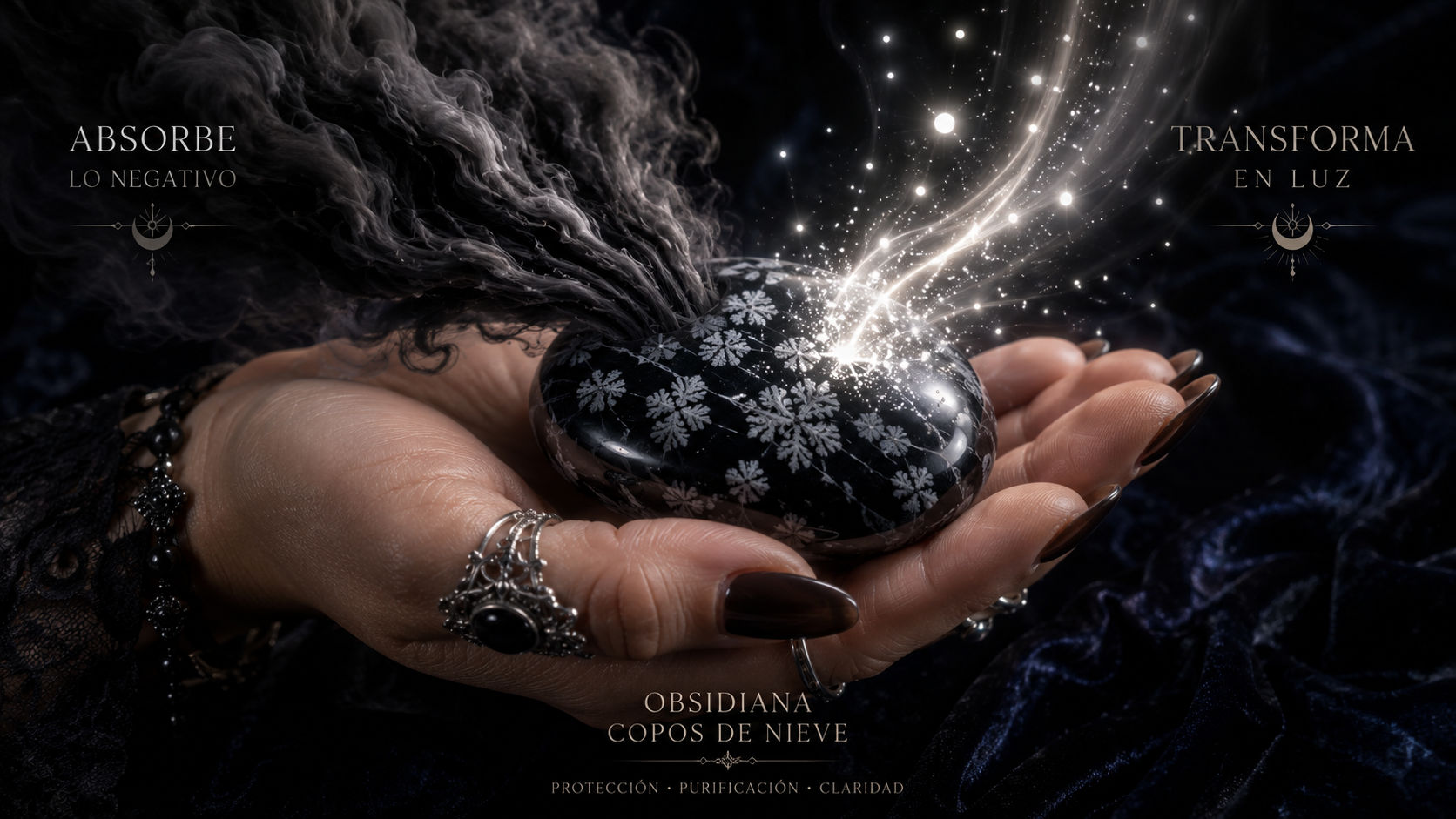 Obsidiana Copo de Nieve disolviendo nubes de pesimismo para mostrar la solución en el caos.