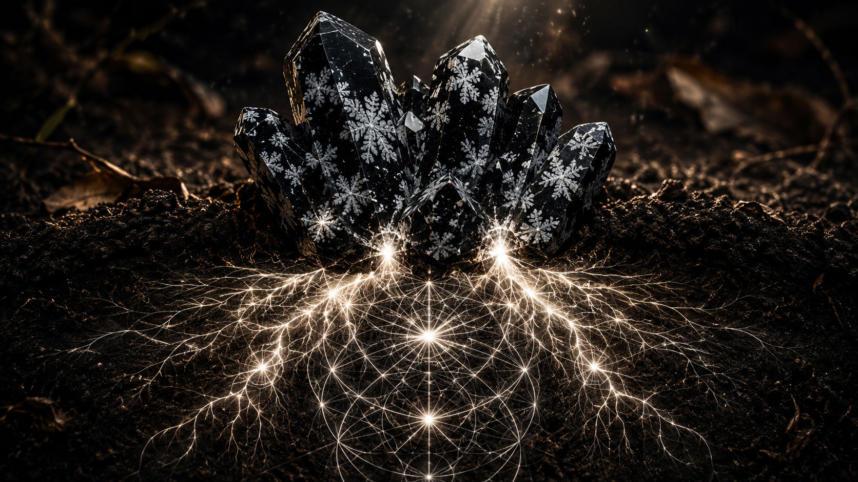 Especimen en bruto de Obsidiana Copo de Nieve echando raíces de luz blanca para anclar la energía.