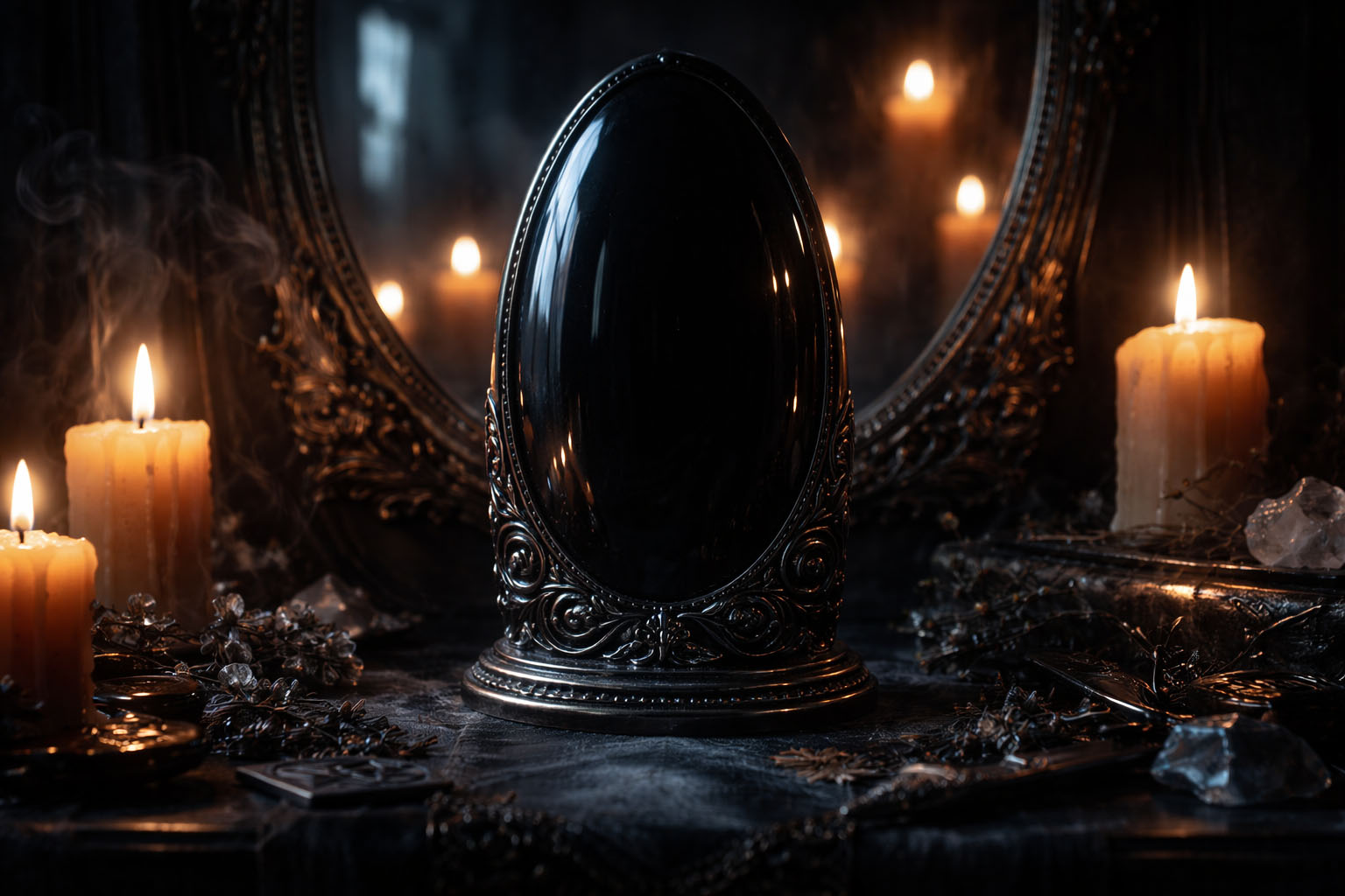 Obsidiana Negra colocada frente a un espejo para desviar energías negativas de vuelta a su origen.