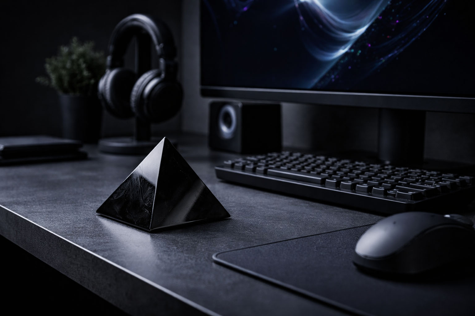 Pirámide de Obsidiana en el área de trabajo para absorber el estrés y la negatividad del entorno.