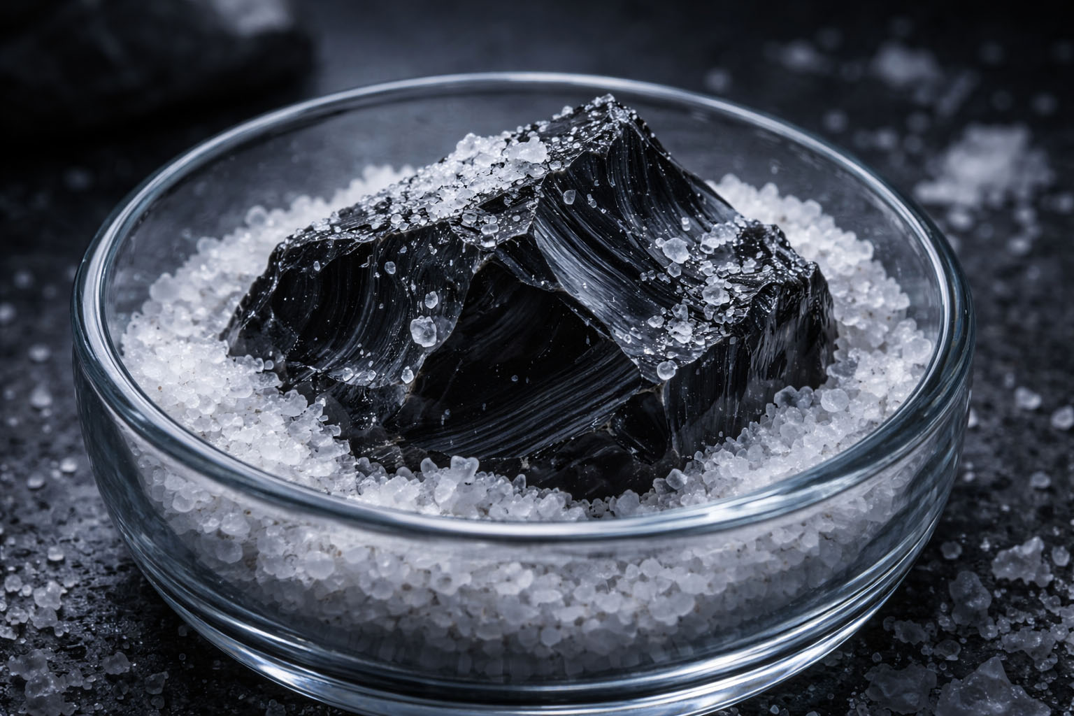 Cubre la Obsidiana totalmente con sal marina en un recipiente de vidrio por una noche para neutralizar restos psíquicos densos. Este método actúa como un formateo de bajo nivel, eliminando cualquier rastro de la última sesión de trabajo.