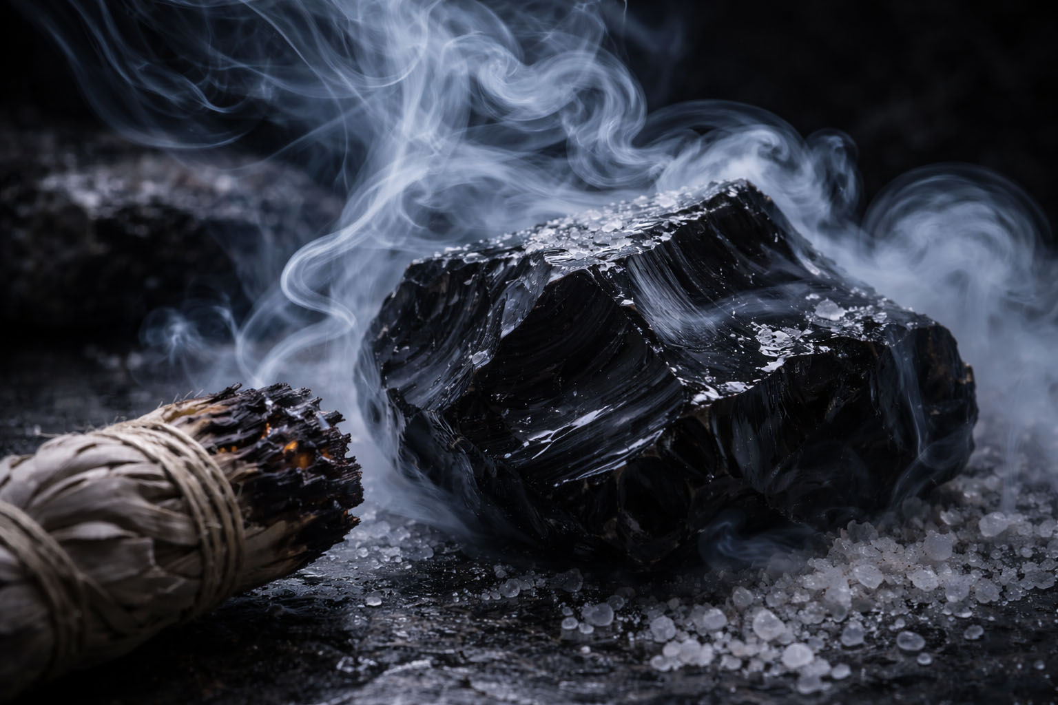 Pasa la piedra a través del humo denso de salvia blanca para purificar su superficie reflectante y restaurar su claridad vítrea. Es el método más seguro si la Obsidiana tiene bordes afilados que podrían retener humedad o restos sólidos.