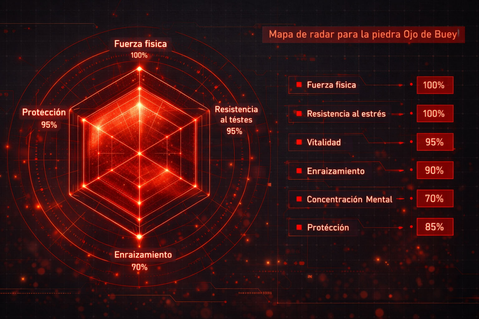 Gráfico de radar del Ojo de Buey destacando su máxima puntuación en resistencia al estrés y fuerza física.