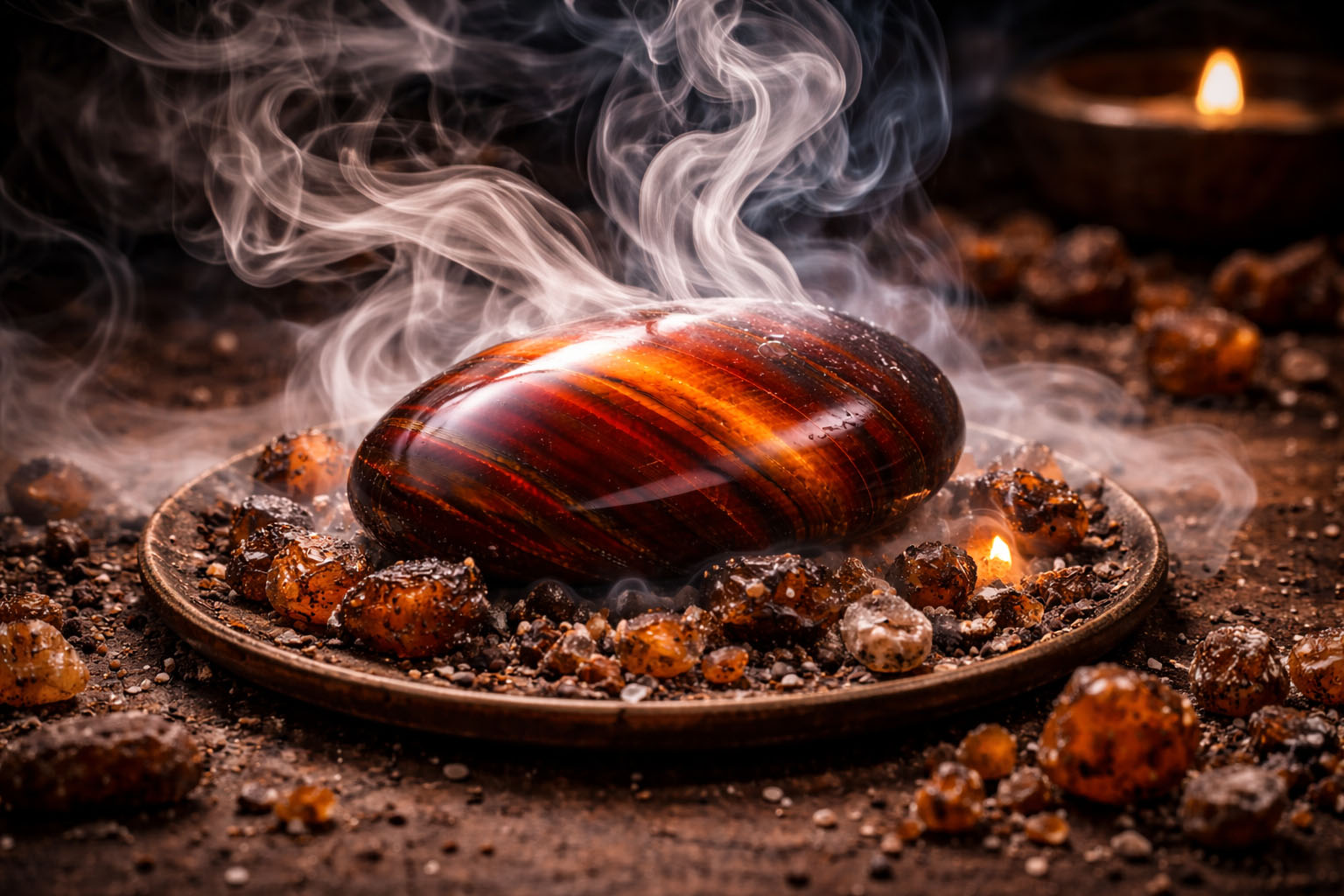 Pasa la piedra por el humo denso de la mirra para limpiar las larvas astrales o energías de cansancio ajeno. Es ideal para