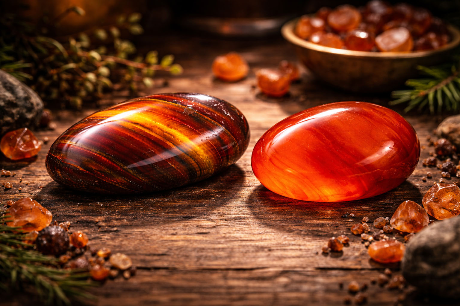 Guarda el Ojo de Buey junto a una Cornalina roja para infundirle dinamismo y fuego creativo. Esta combinación eleva la vitalidad del cristal, transformando la resistencia pasiva en acción proactiva.