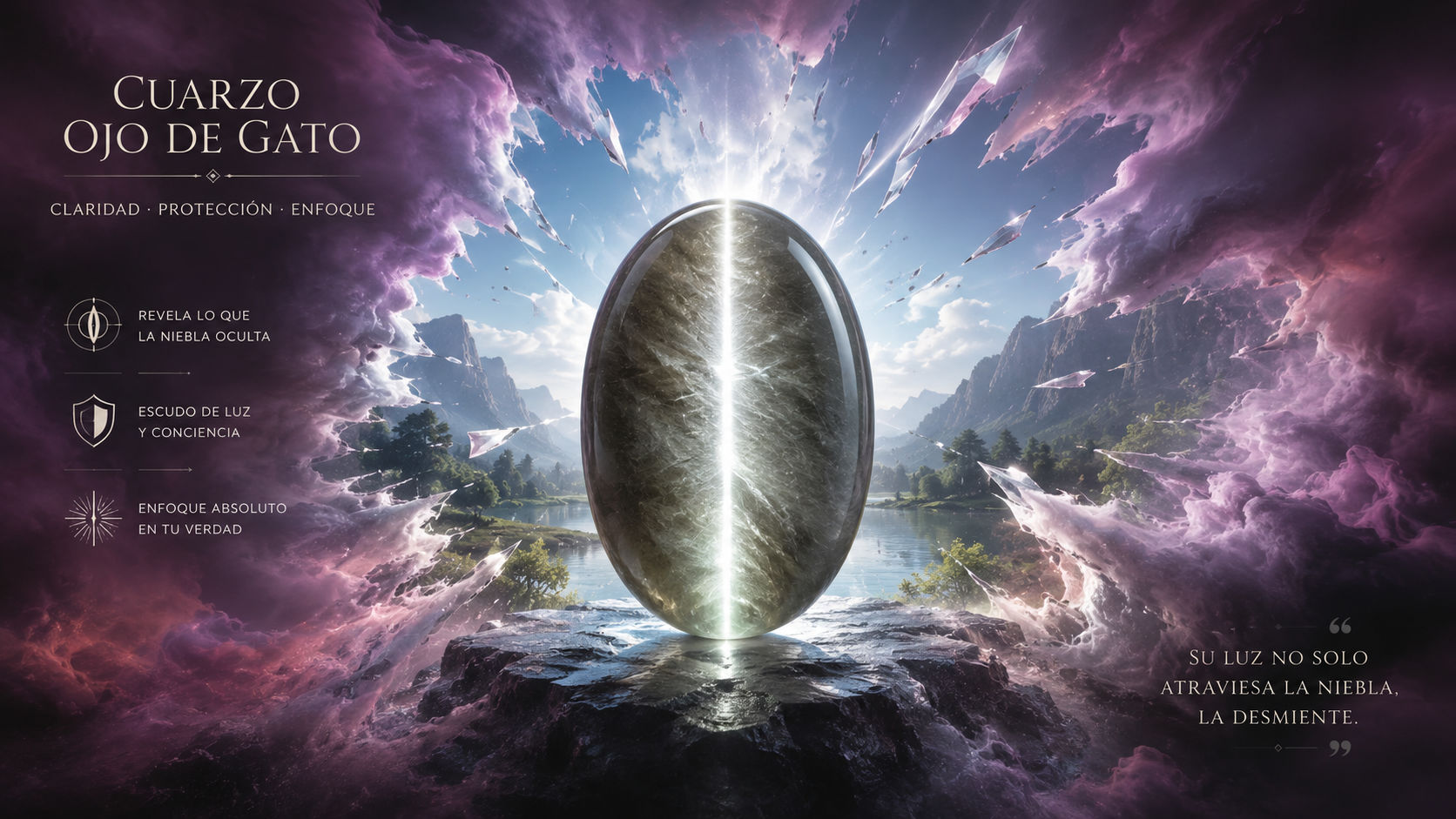 Piedra de Cuarzo Ojo de Gato destruyendo una niebla ilusoria con su brillante banda de luz vertical.