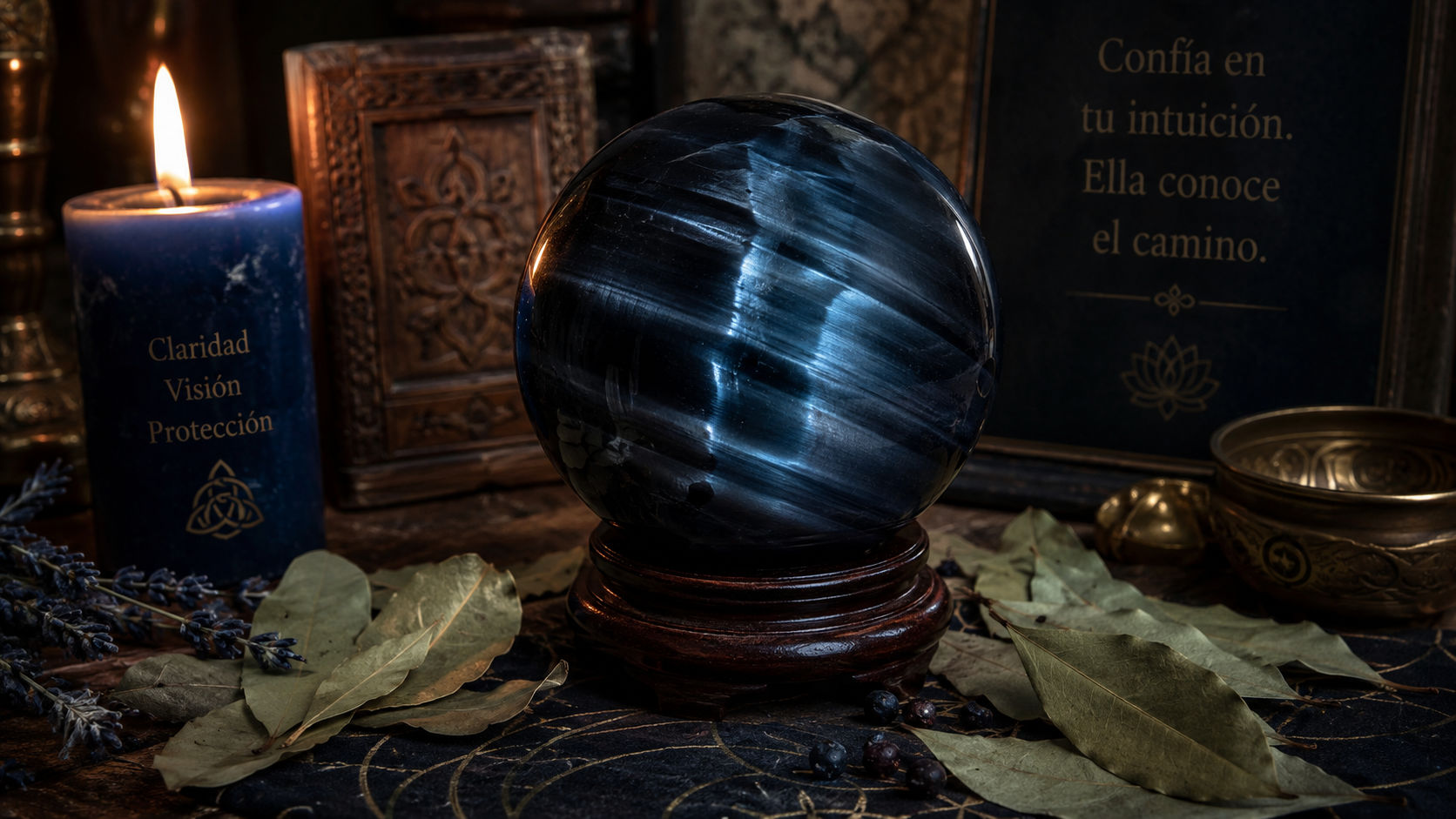 Esfera de Ojo de Halcón en el altar para expandir la visión psíquica de forma segura.