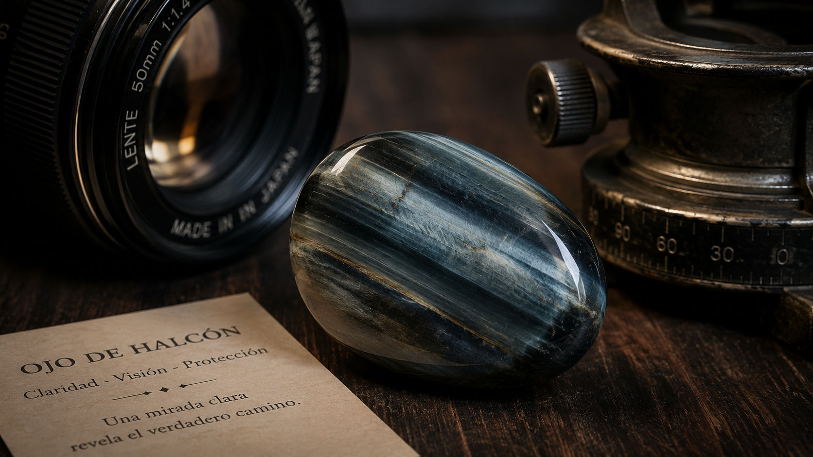 Piedra de Ojo de Halcón junto a un lente de cámara para agudizar la visión artística en Umbral Astral.