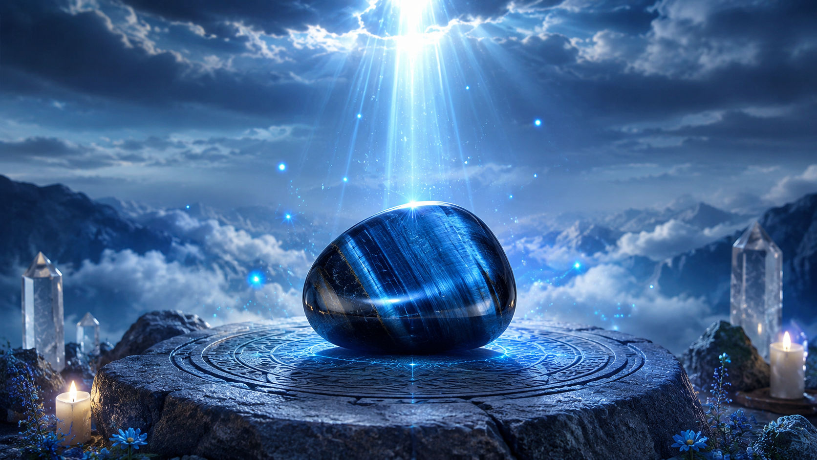 Sostén el cristal entre tus palmas, respira hondo y visualiza un halcón azul luminoso que desciende del cielo y se funde con la piedra. Este acto consagra el cristal a tu voluntad álmica, sintonizándolo exclusivamente con tus intenciones de evolución y resguardo.