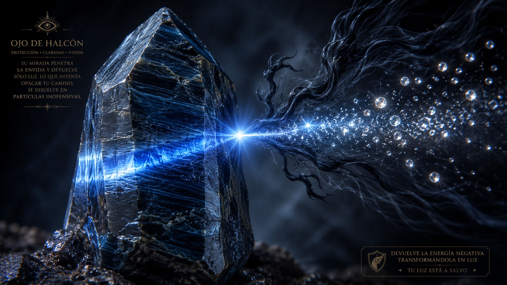 Cristal de Ojo de Halcón reflejando y neutralizando la energía de la envidia y la mirada pesada.