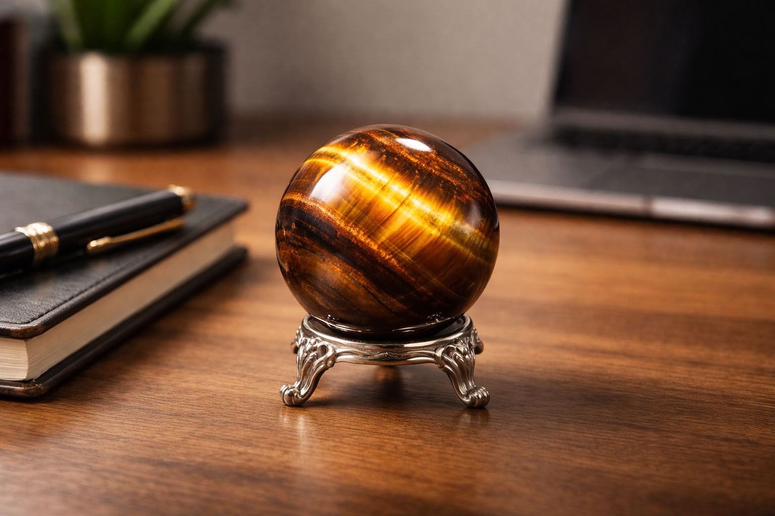 Esfera de Ojo de Tigre en el escritorio para potenciar el liderazgo y la concentración.