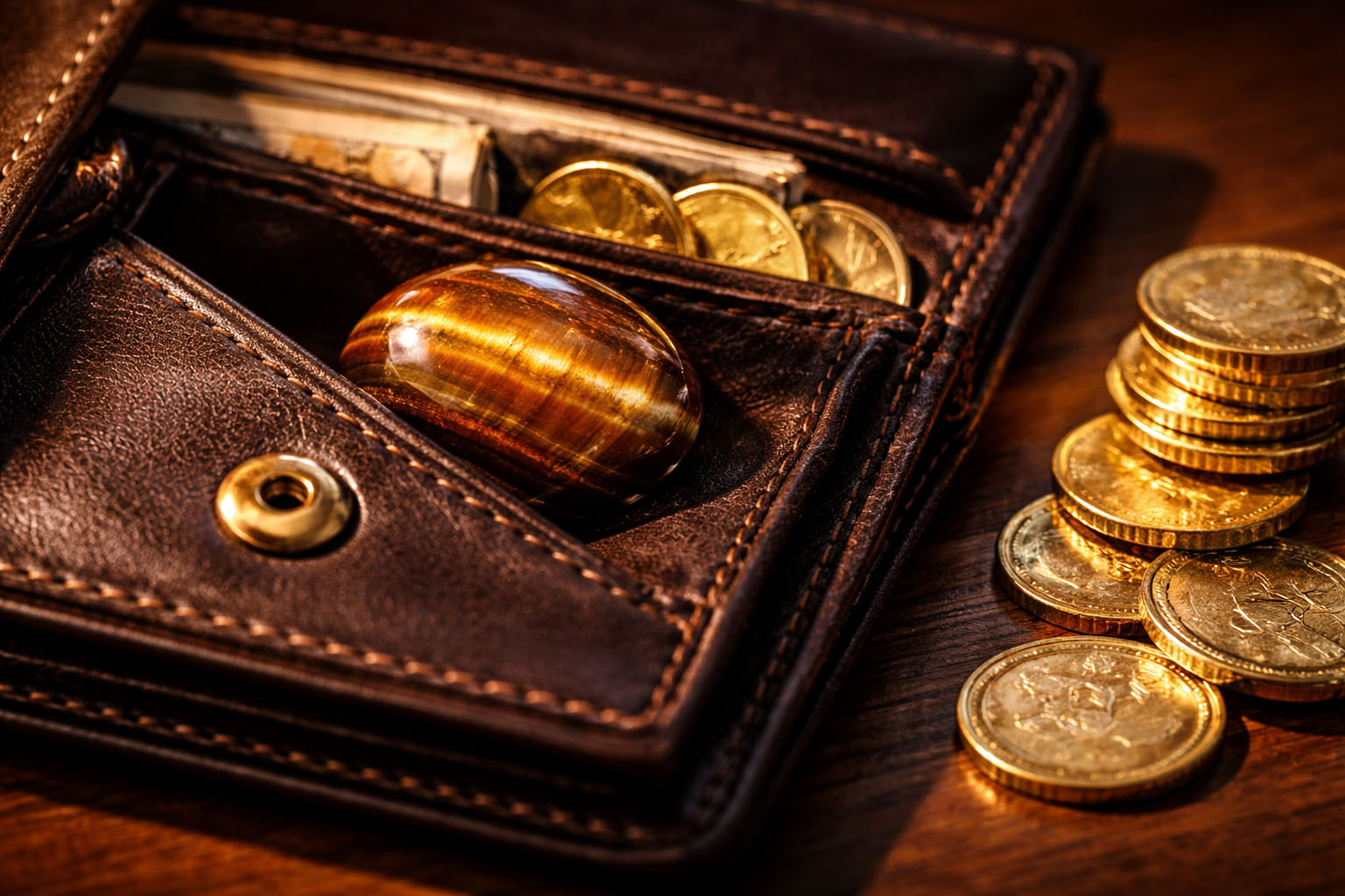 Piedra Ojo de Tigre junto a dinero para proteger y multiplicar los activos financieros.