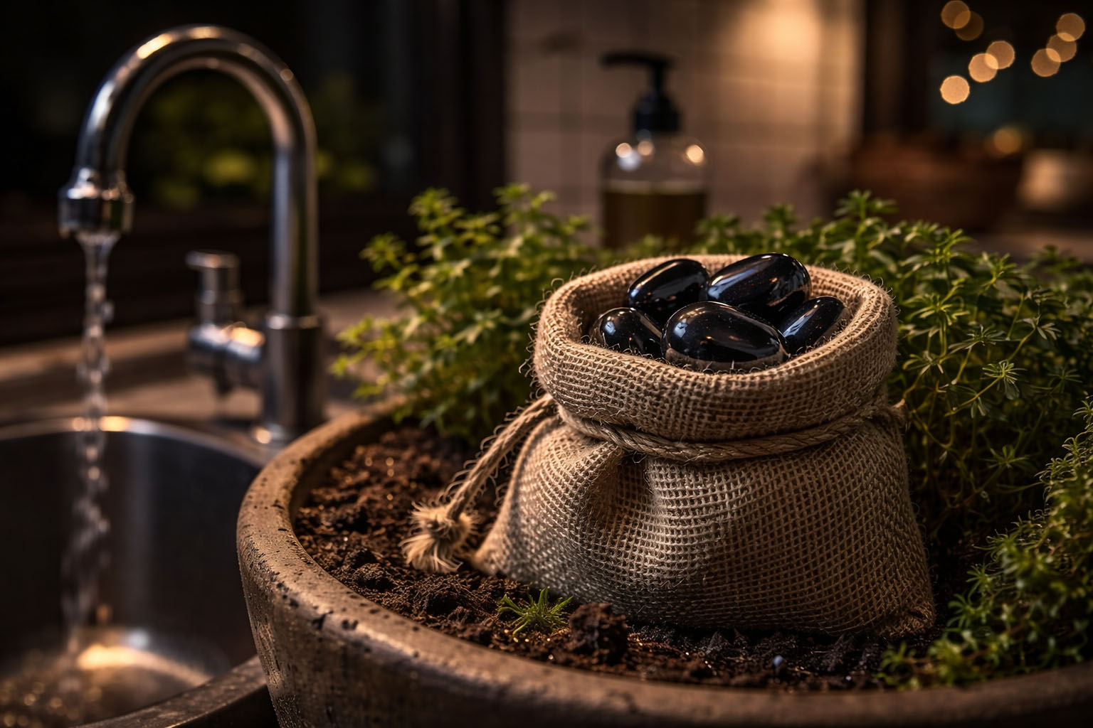 Coloca el Ónix dentro de un pequeño saco de tela y entiérralo en una maceta o jardín durante toda una noche. Este método descarga la tensión acumulada por el mineral al absorber el estrés del usuario y lo devuelve a su frecuencia base.