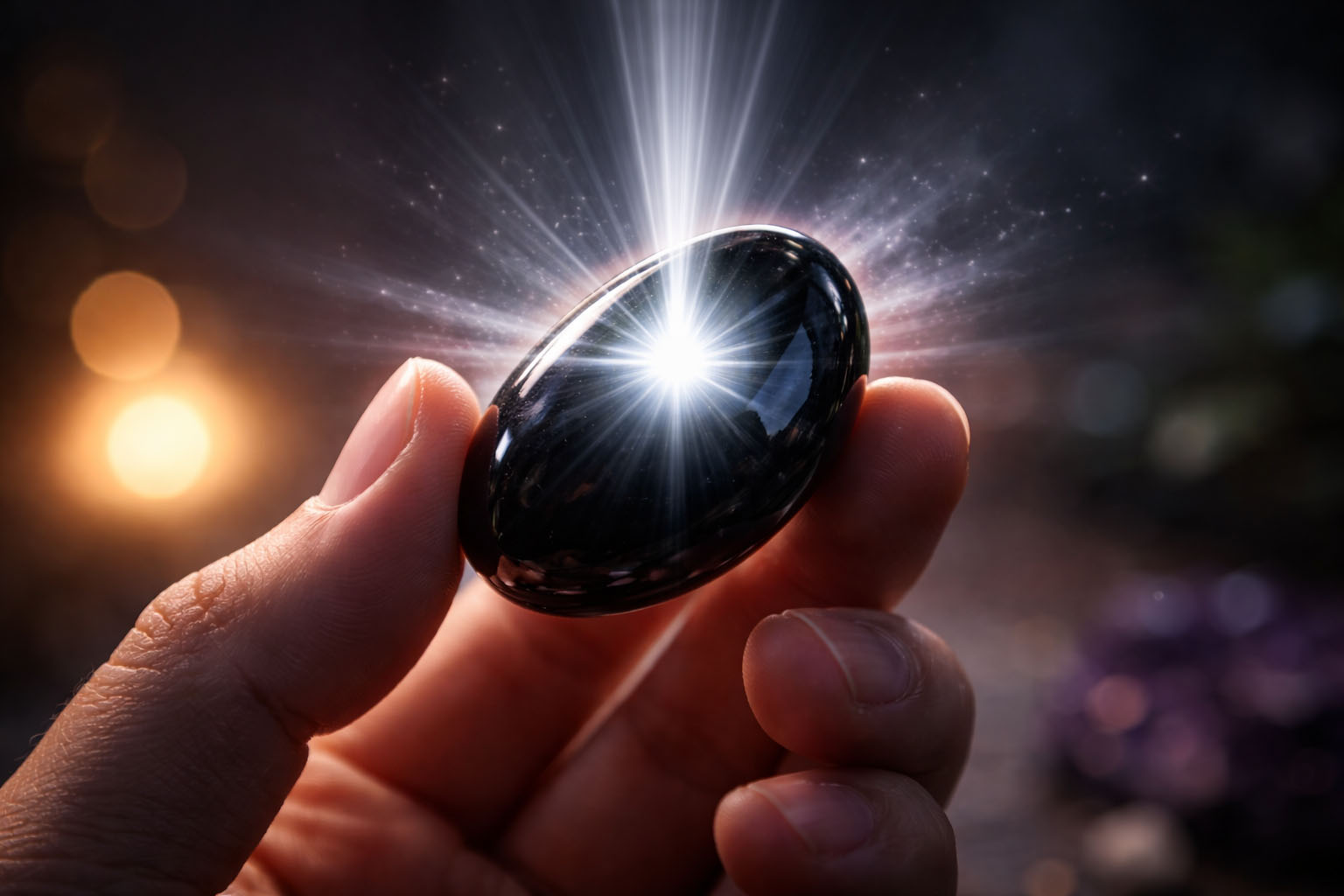 Sostén la piedra y proyecta una luz blanca que entra por su núcleo, visualizando cómo se expande su brillo interno. Es una recarga por