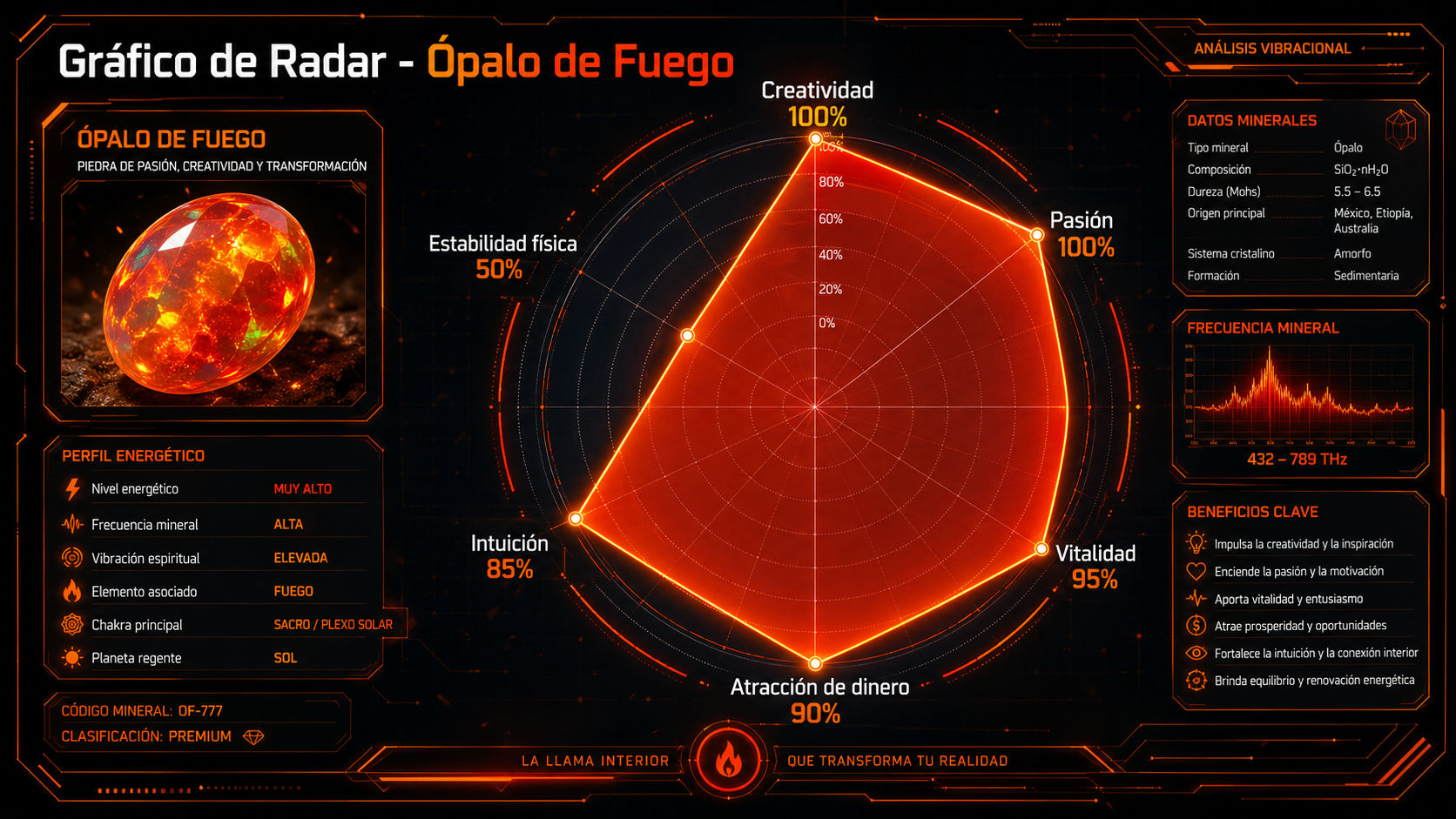 Gráfico de radar del Ópalo de Fuego destacando su máximo potencial en pasión, creatividad y vitalidad.