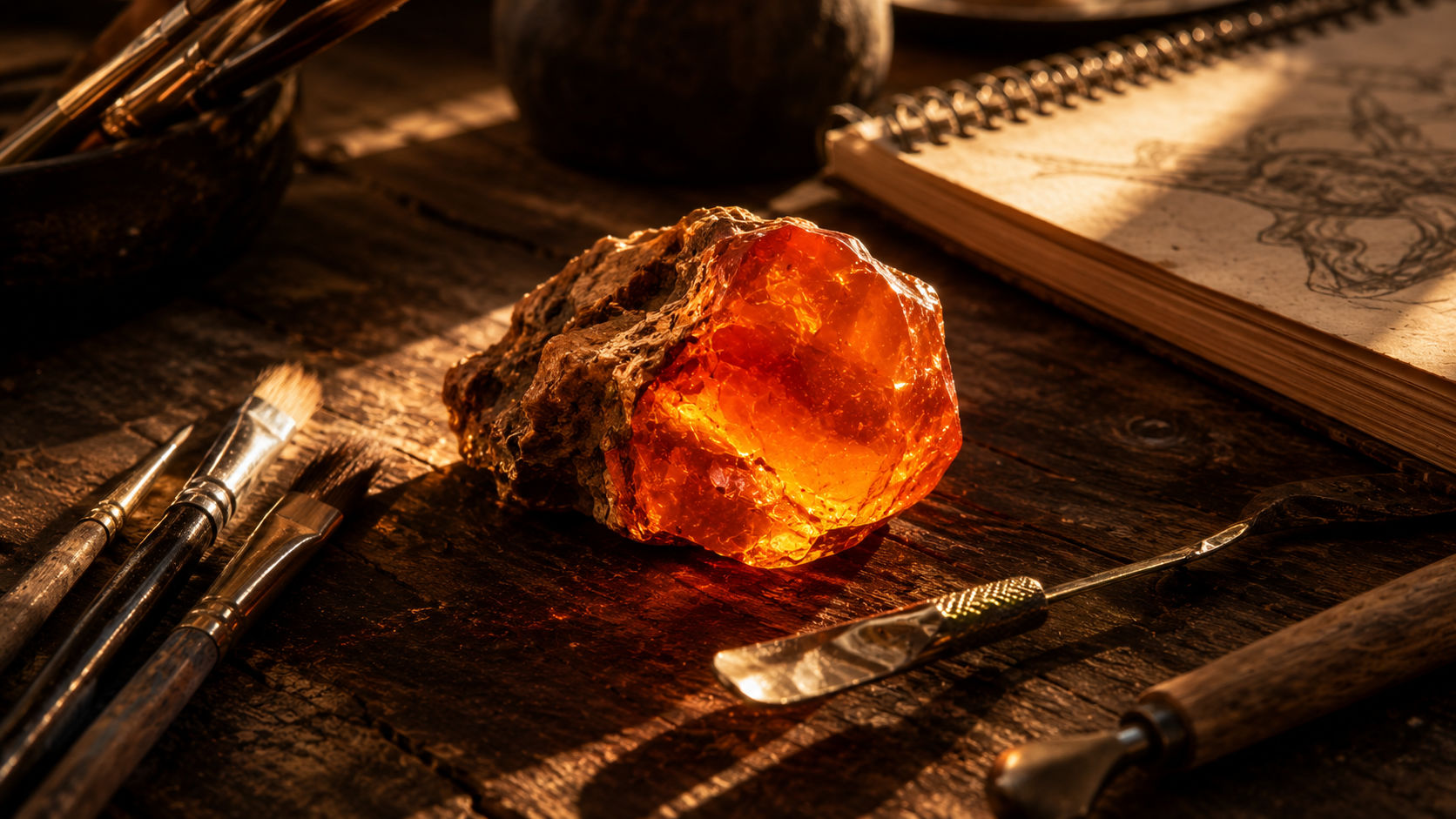 Ópalo de Fuego en bruto colocado en la mesa de arte para inspirar creaciones en Umbral Astral.