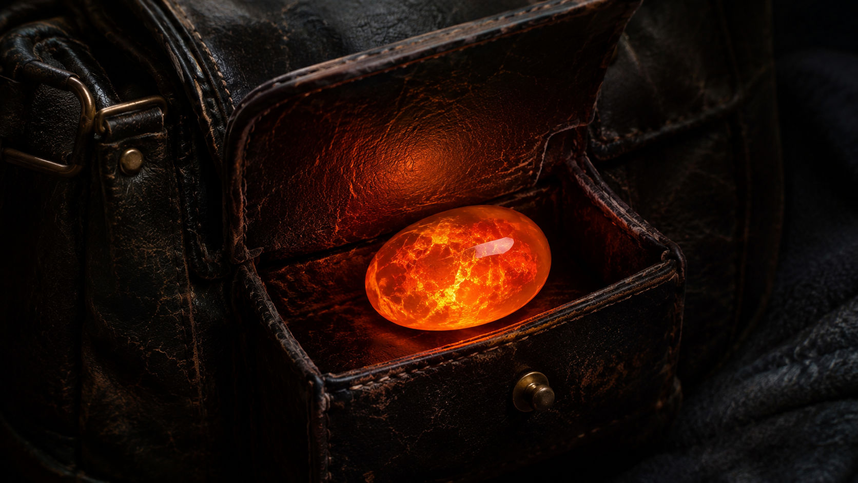 Gema de Ópalo de Fuego resguardada en el equipaje como talismán para viajes y expediciones.