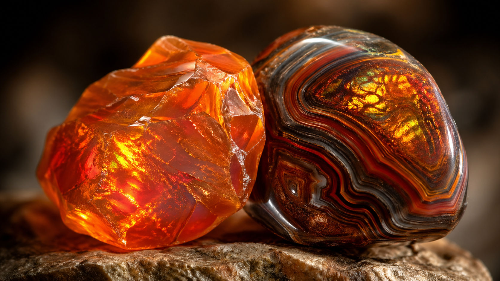 Coloca ambas piedras en contacto para que se cree un puente de inducción energética entre ellas. El Ágata de Fuego actúa como una estación de carga estable que estabiliza el poder volátil del Ópalo.