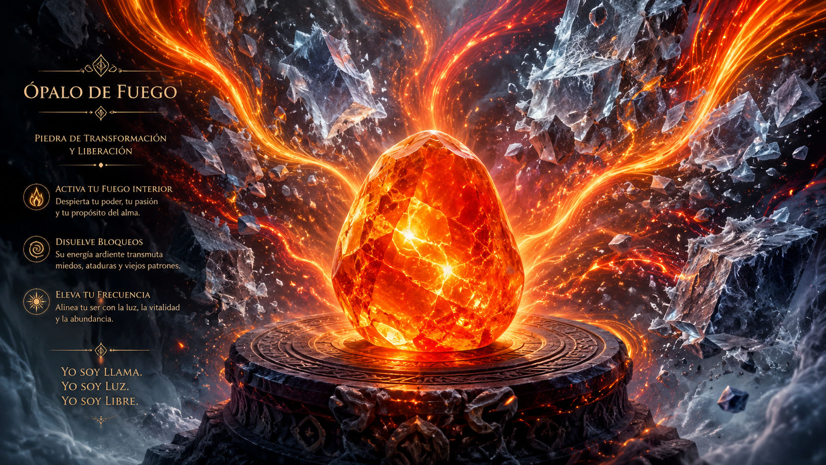 Cristal de Ópalo de Fuego emitiendo chispas doradas y rojas para desbloquear la creatividad y la inspiración.