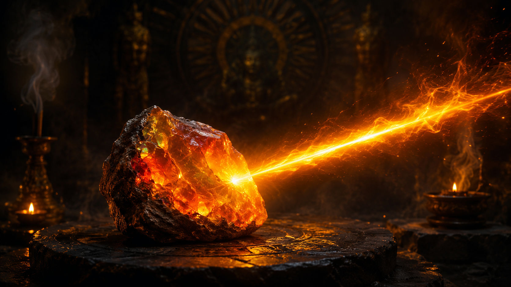 Especimen de Ópalo de Fuego proyectando un haz de luz ígnea para impulsar la determinación.