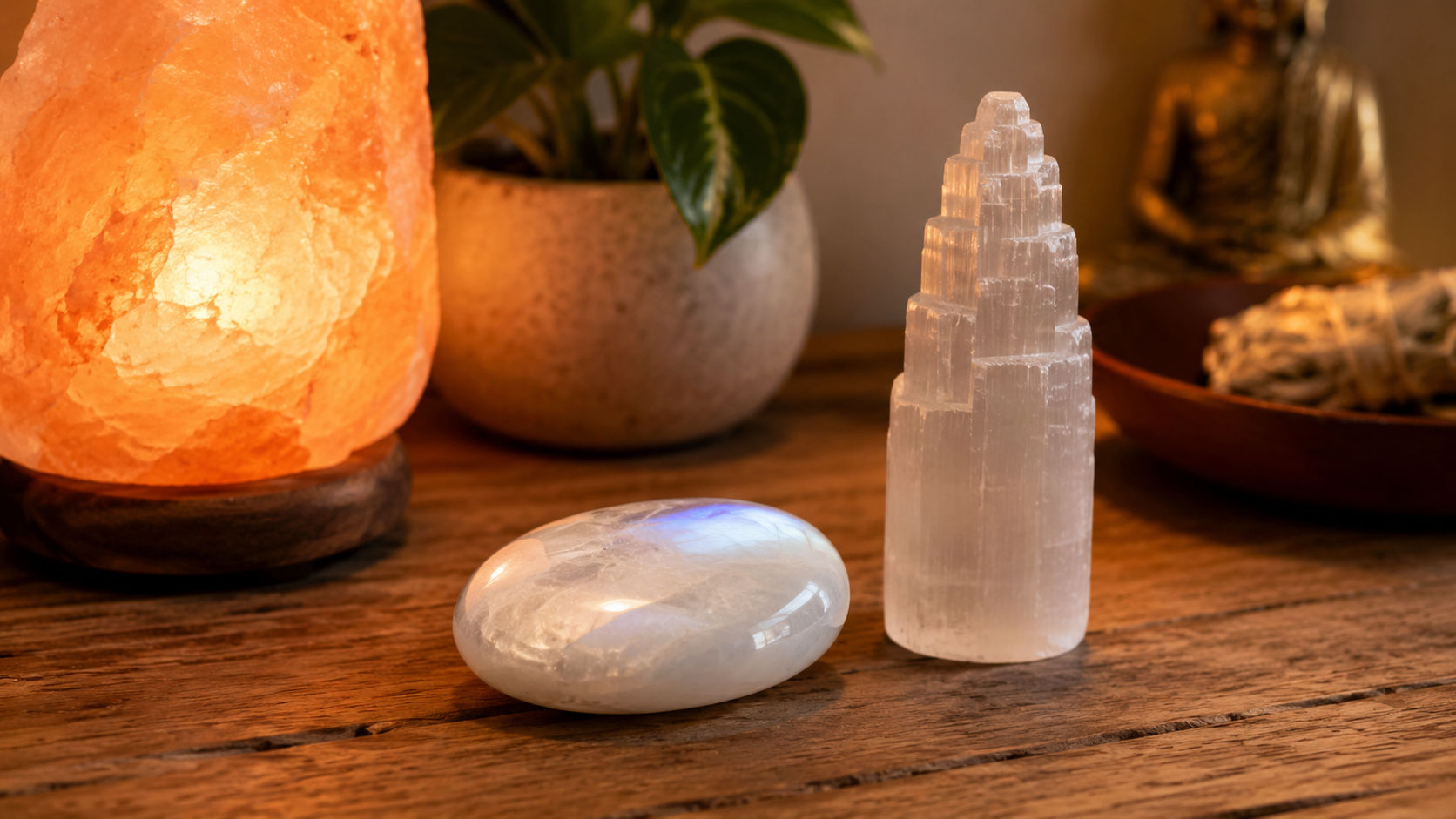 Piedra de Luna junto al lecho para propiciar sueños pacíficos, sanación astral y sintonía con los guías mientras duermes.