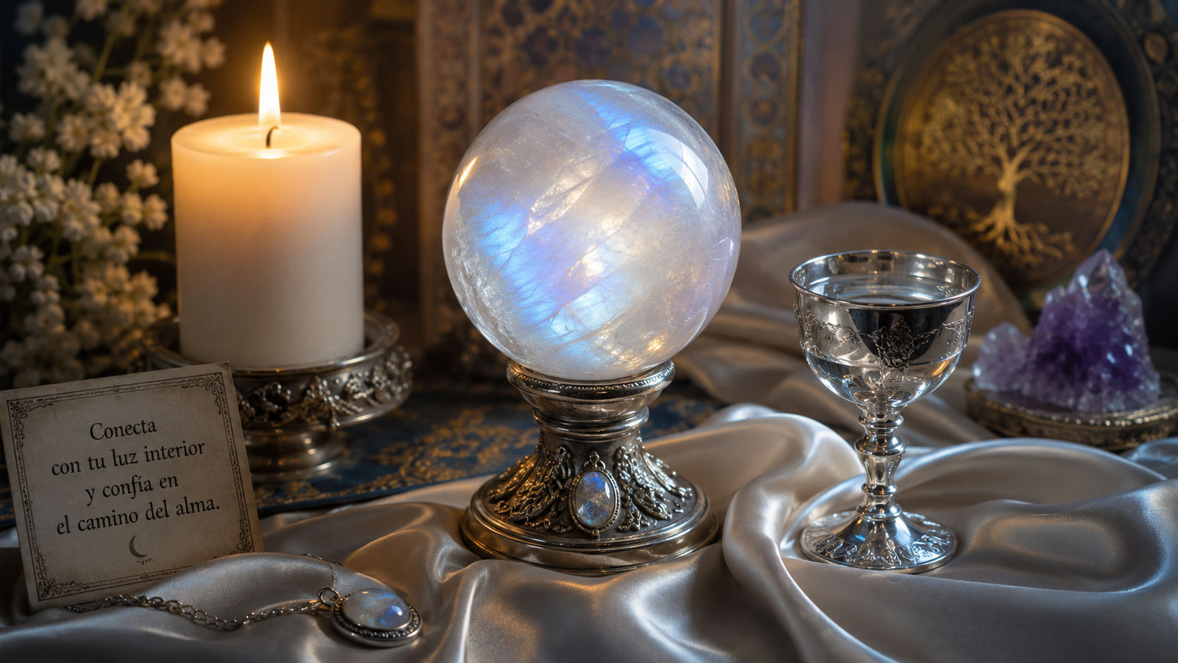 Esfera de Piedra de Luna dispuesta en el altar místico para invocar la intuición divina y la paz interior.