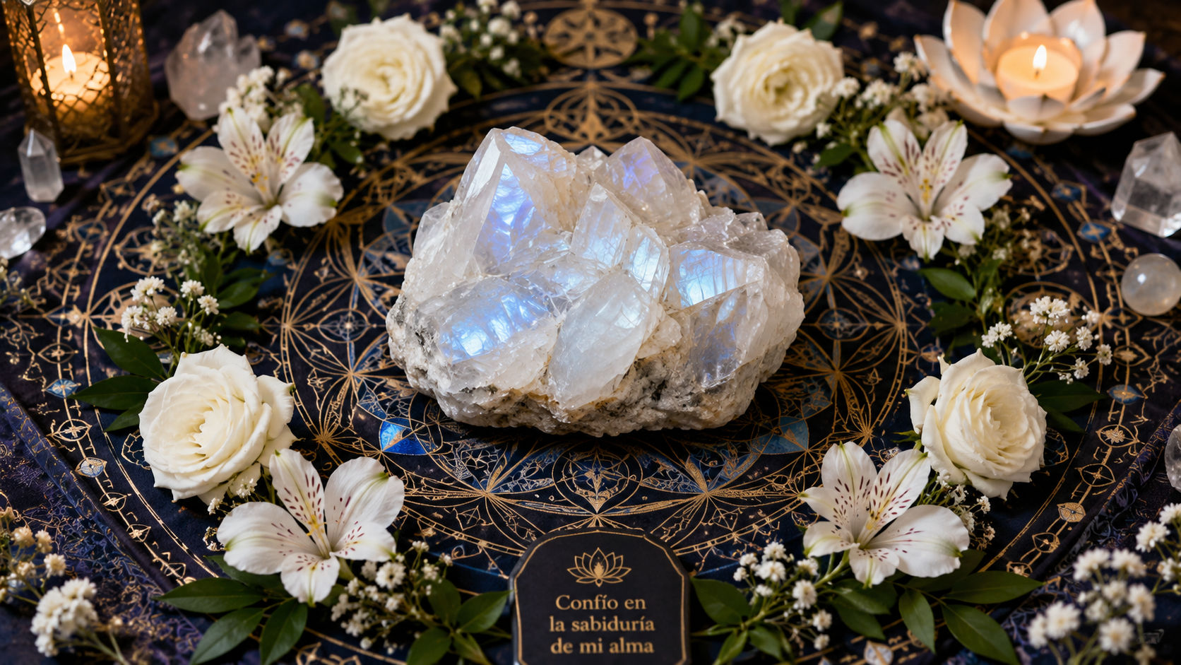 Cluster de Piedra de Luna en el área mística para expandir corrientes de armonía emocional y equilibrio vital.