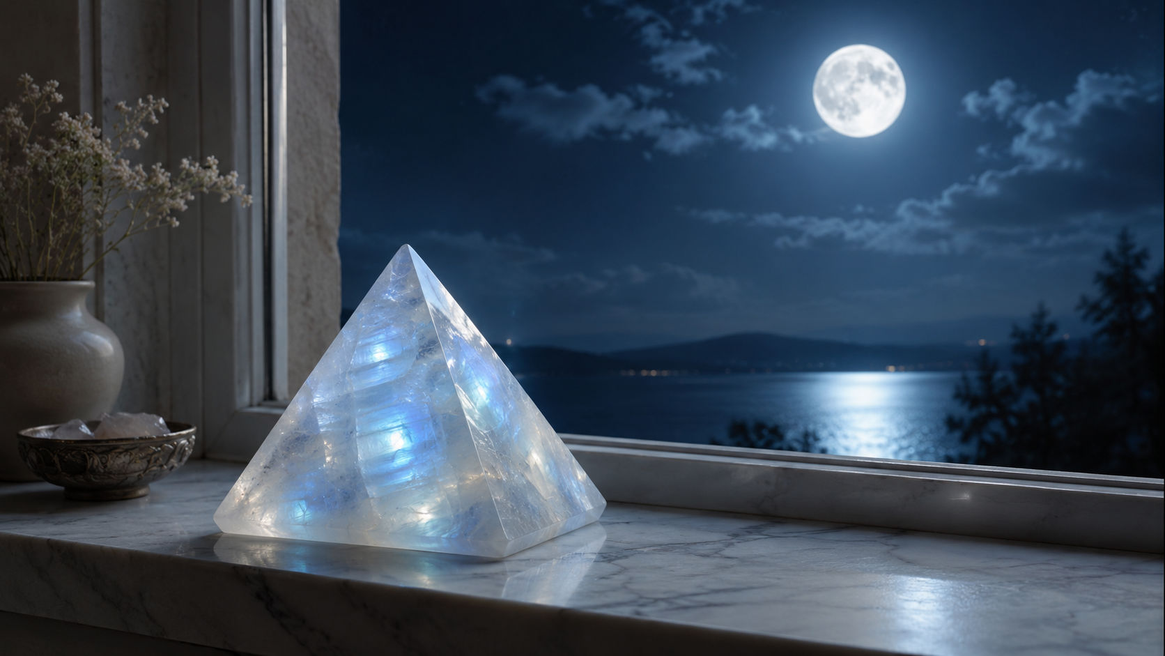 Pirámide de Piedra de Luna en la ventana actuando como un receptor de las bendiciones y la gracia cósmica de la noche.