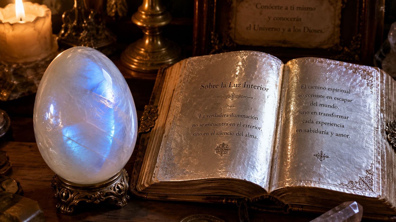Huevo de Piedra de Luna en el espacio de estudio espiritual para calmar los pensamientos e inspirar la sabiduría pura.