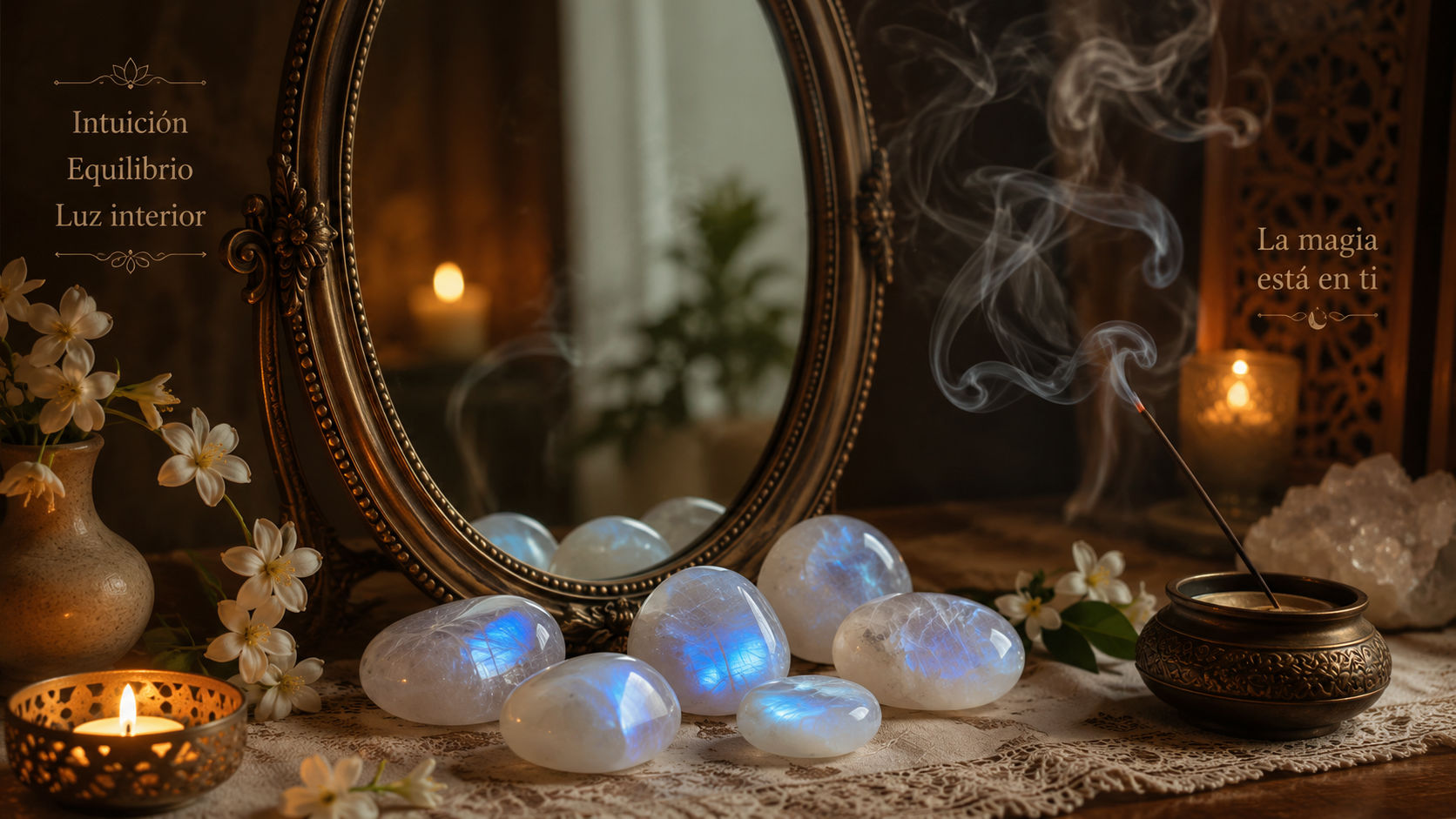 Piedras de Piedra de Luna frente al espejo para transmutar las dudas y abrazar la sintonía espiritual del ser.