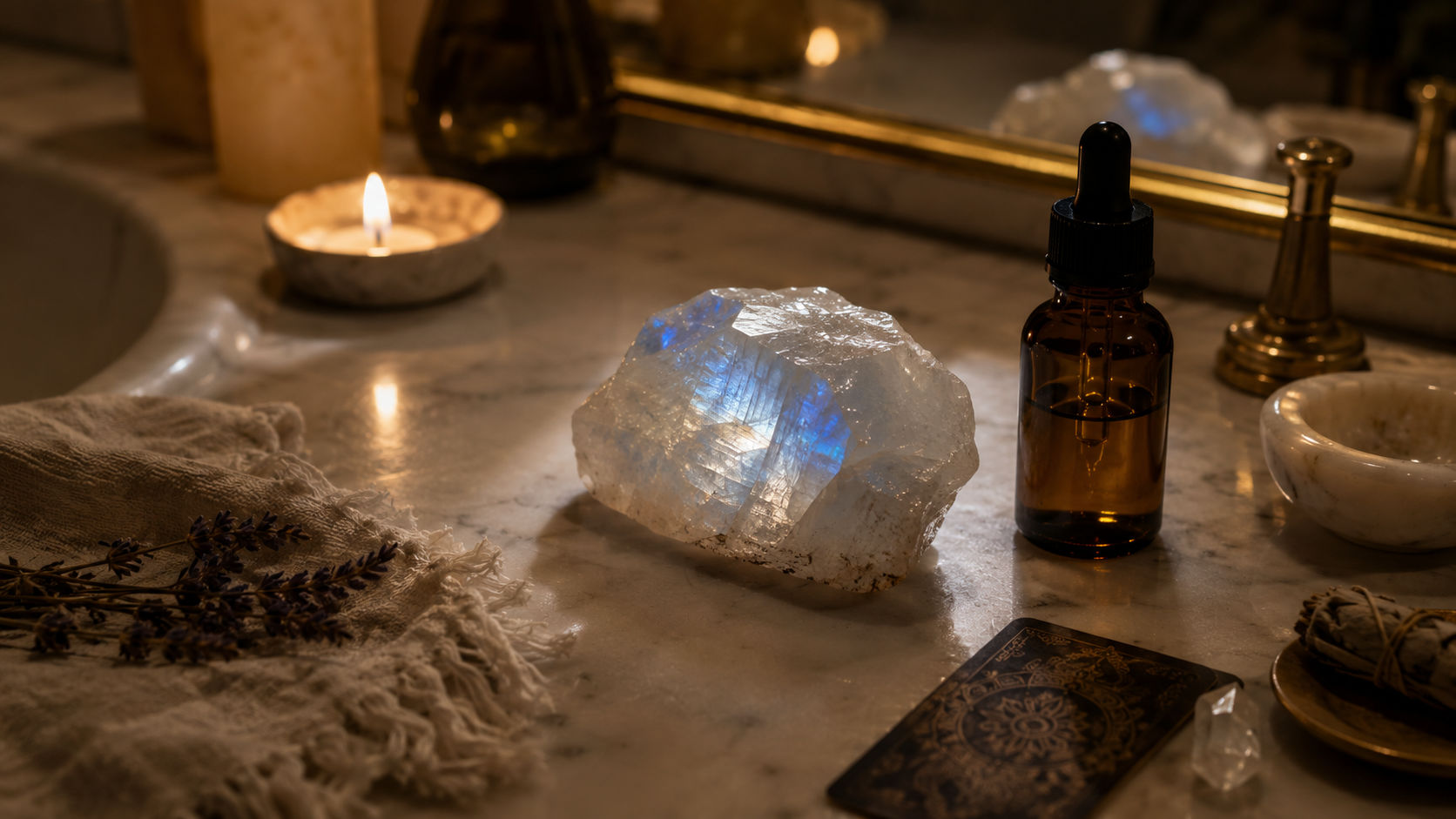 Piedra de Luna sobre la mesada de mármol para impregnar el autocuidado diario de fluidez.