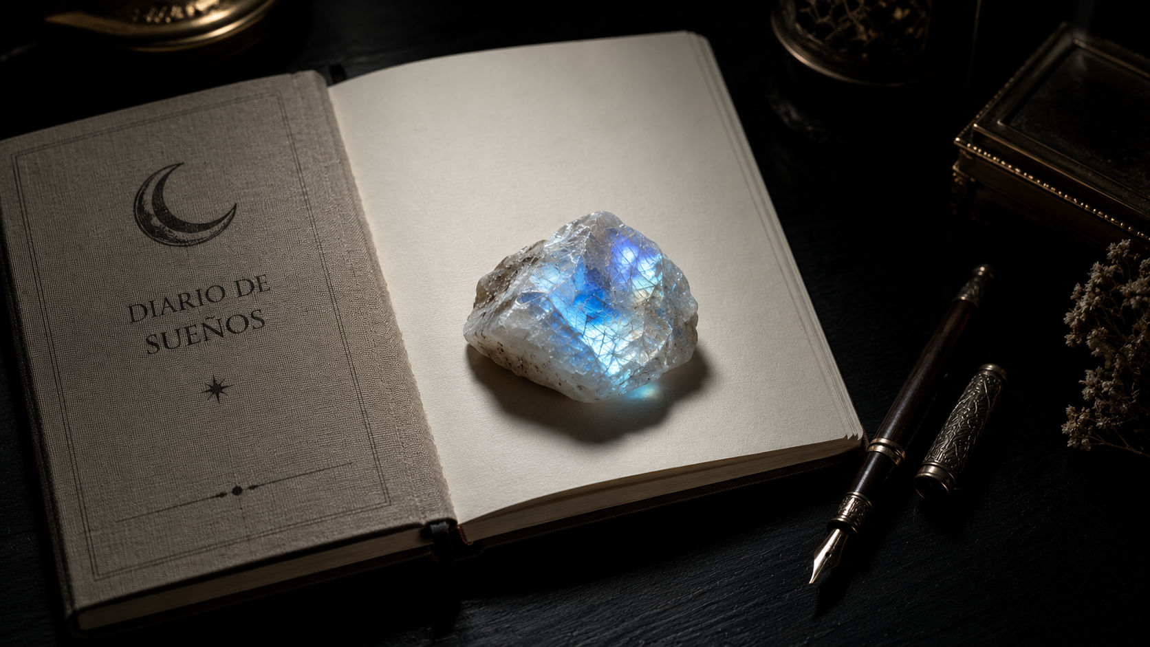 Cluster de Piedra de Luna sobre el diario de sueños para activar la memoria onírica en Umbral Astral.
