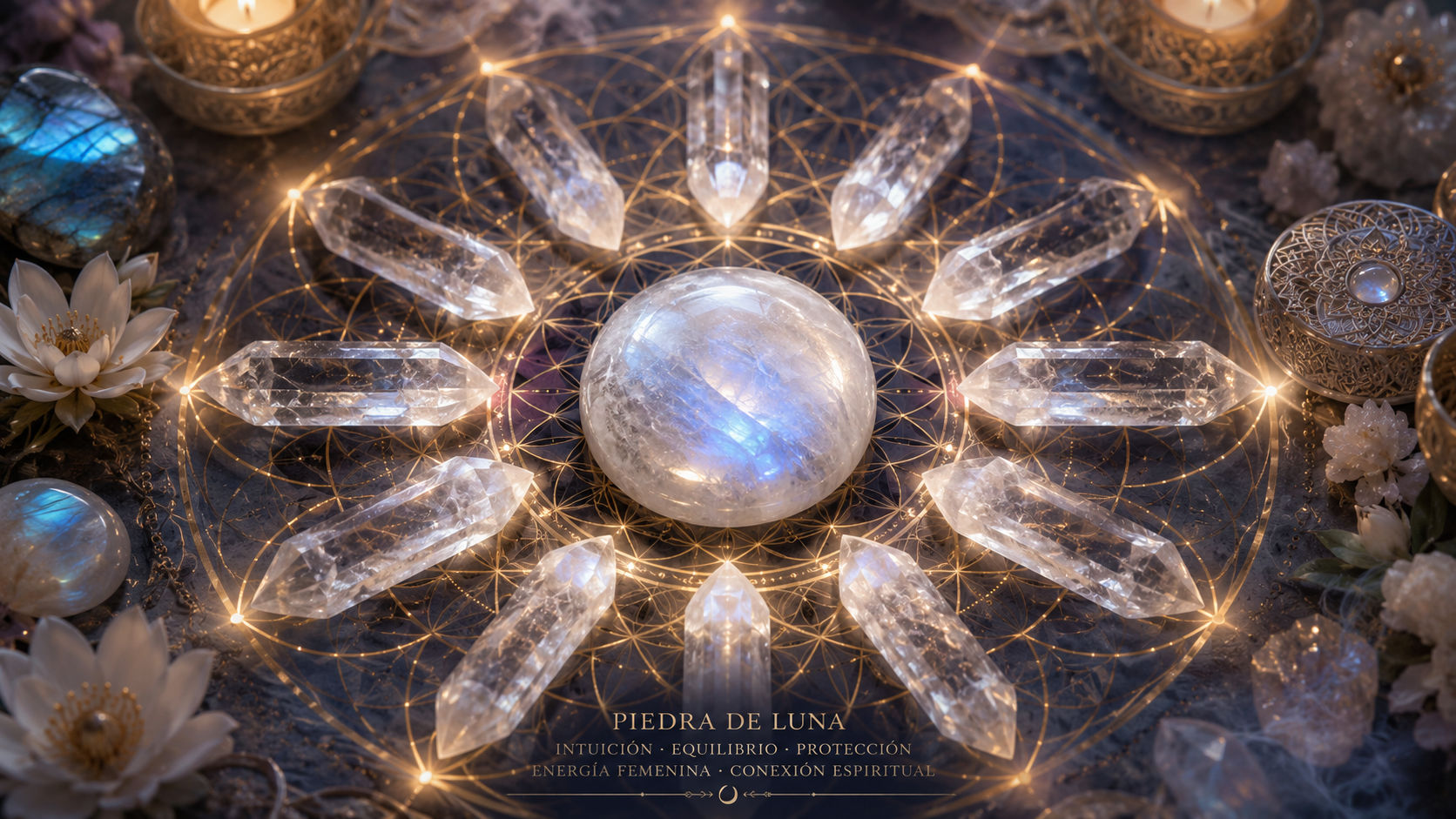 Ubica la Piedra de Luna en el centro de un mandala sagrado compuesto por puntas de cuarzo hialino orientadas hacia ella. Este circuito focalizará la luz del plano sutil hacia el corazón de la gema, elevando su magnetismo intuitivo.