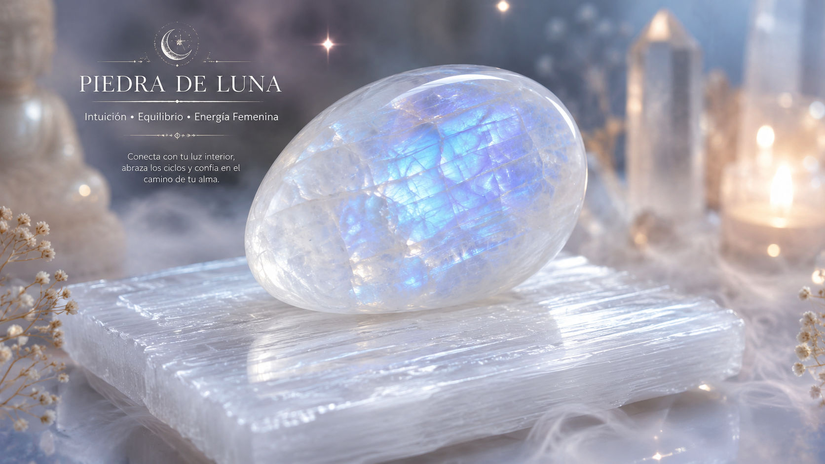 Coloca tu Piedra de Luna sobre una drusa o placa de Selenita durante un ciclo nocturno completo. La vibración inmaculada de la Selenita inyectará luz divina en las fibras de la gema, renovando su escudo de paz.