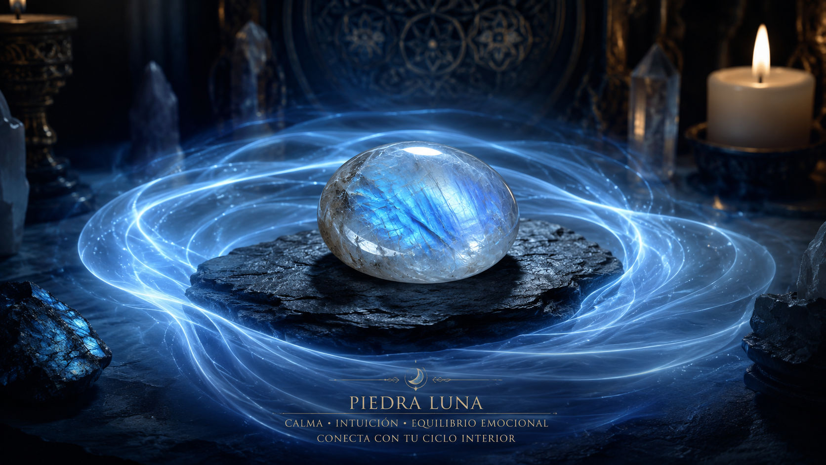 Piedra de Luna emitiendo luz azulada en ondas cíclicas para armonizar los ritmos naturales.