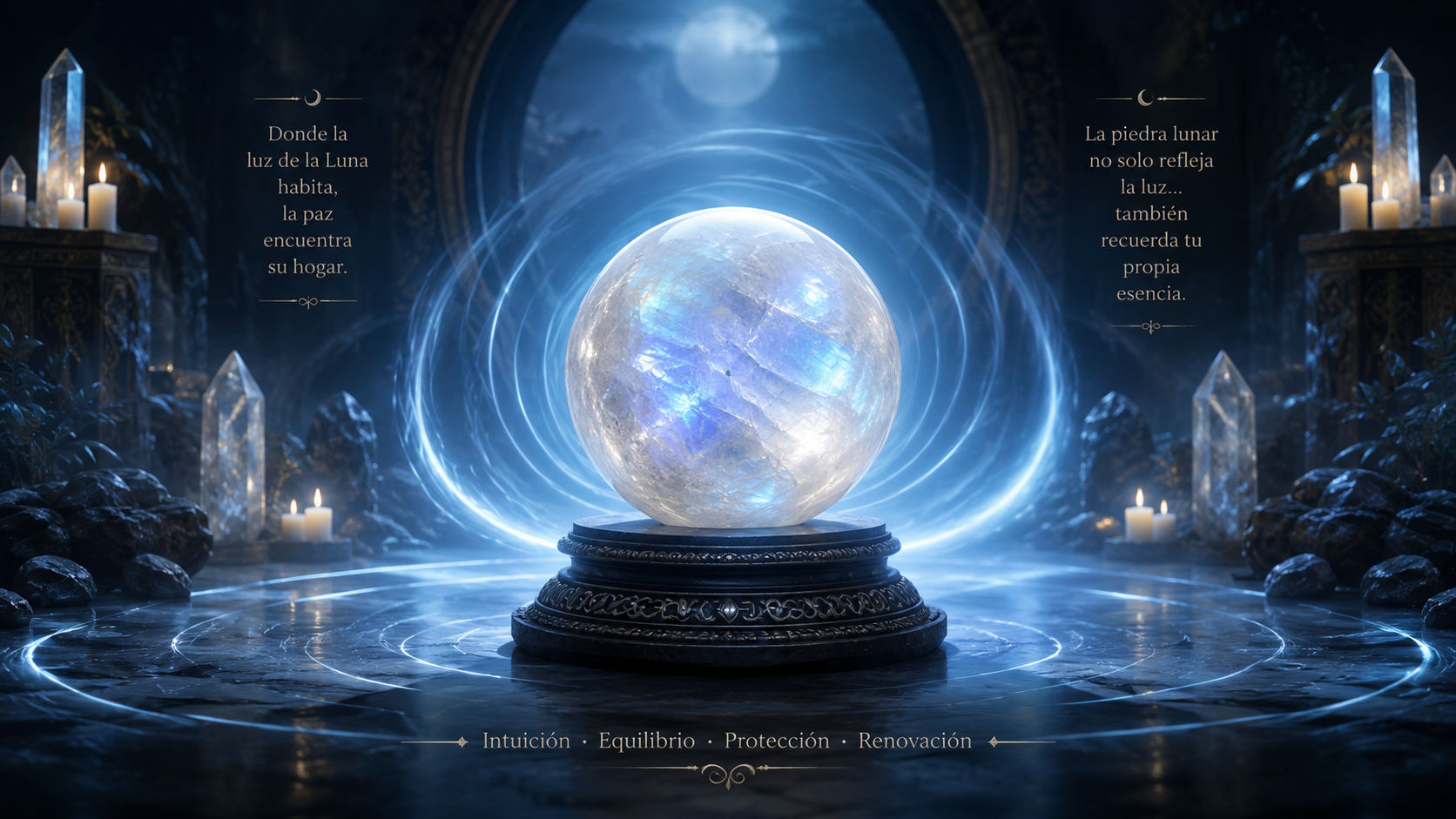 Esfera de Piedra de Luna proyectando un aura de luz plateada para calmar la hipersensibilidad emocional.