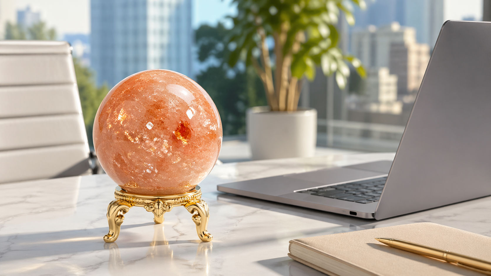 Esfera de Piedra del Sol en el escritorio para atraer el éxito profesional y la creatividad.