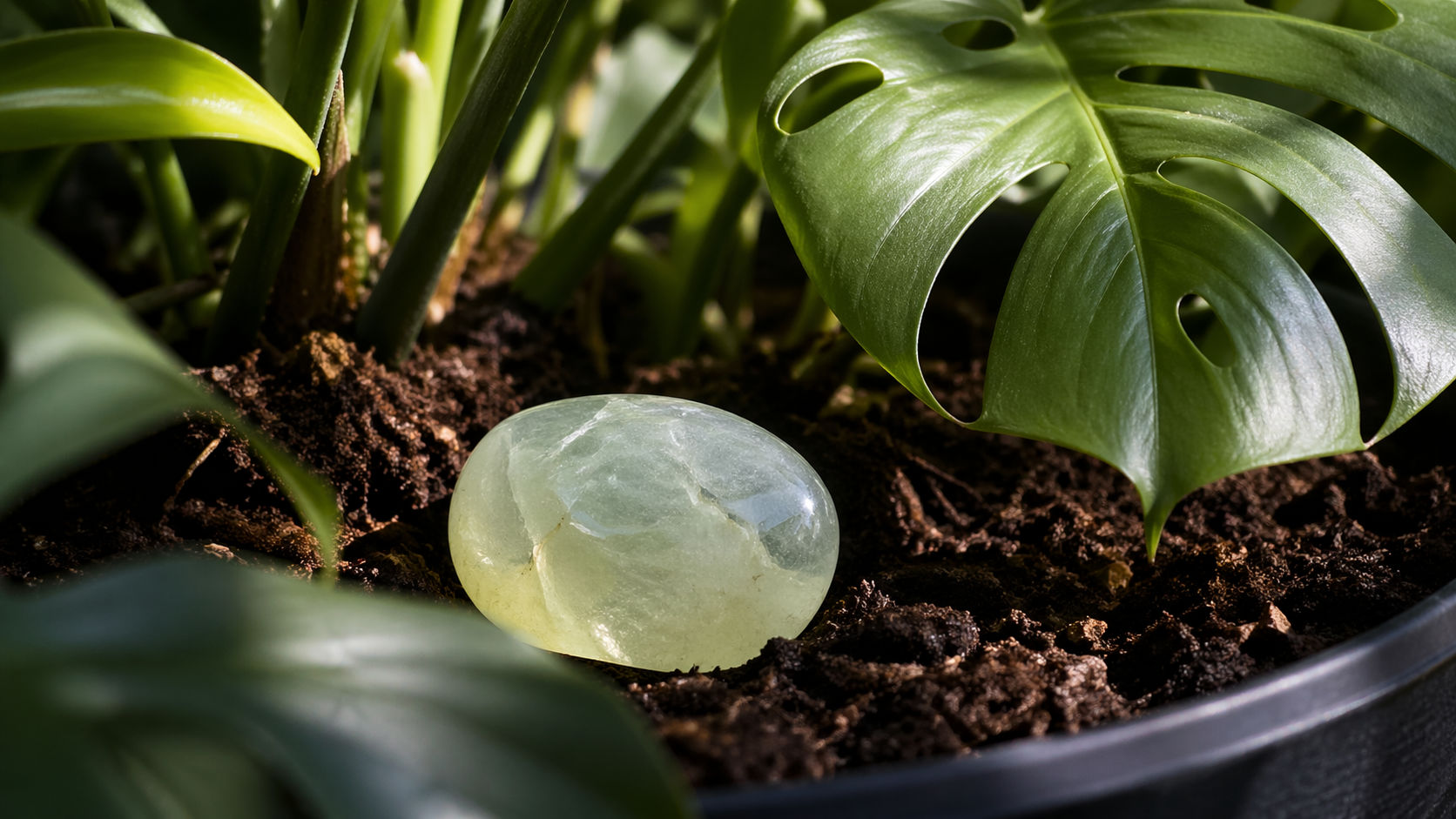 Prehnita entre plantas para potenciar la energía vital del hogar y sanar el ambiente.