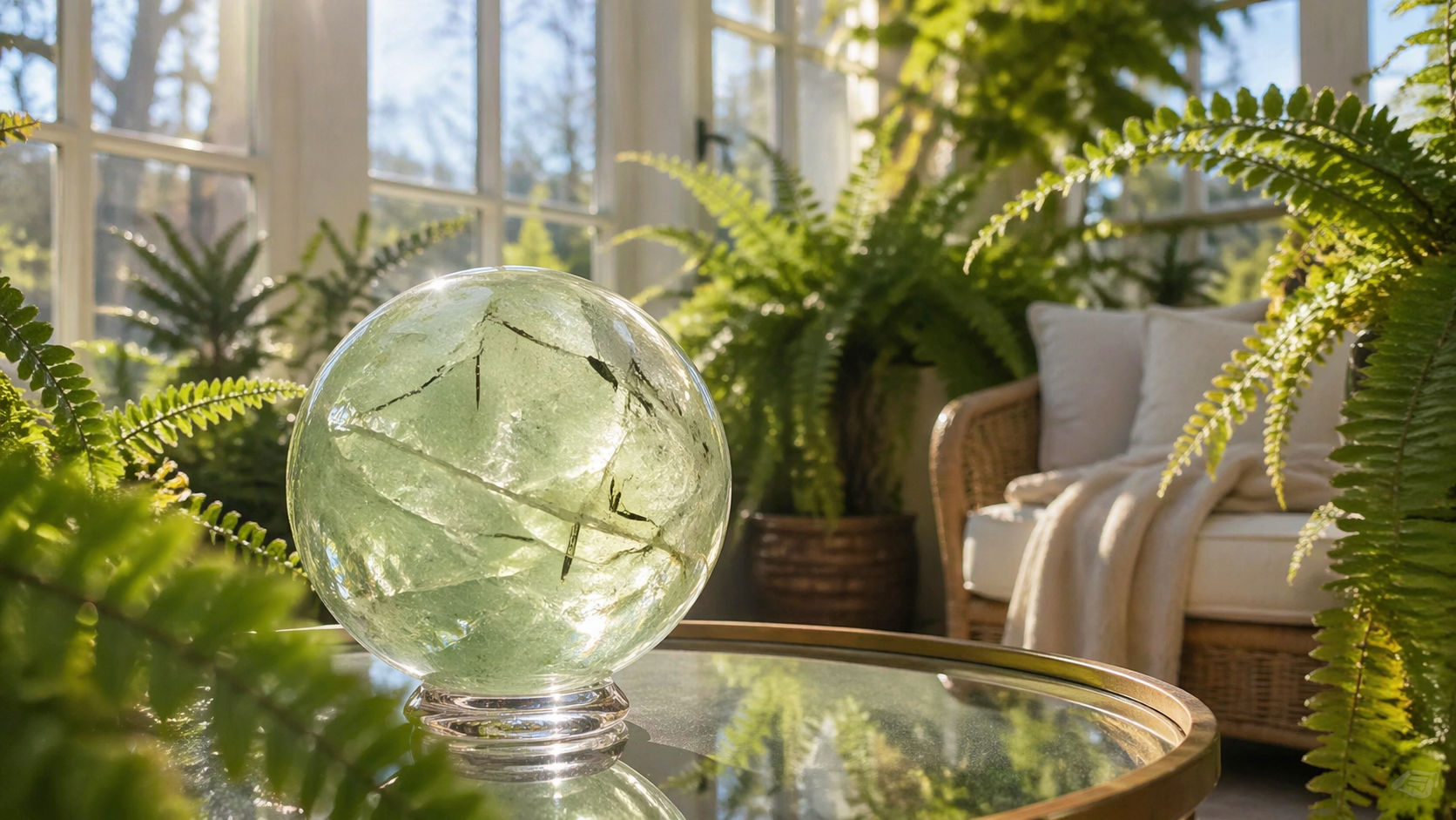 Esfera de Prehnita para atraer la armonía del reino vegetal hacia el interior de la casa.