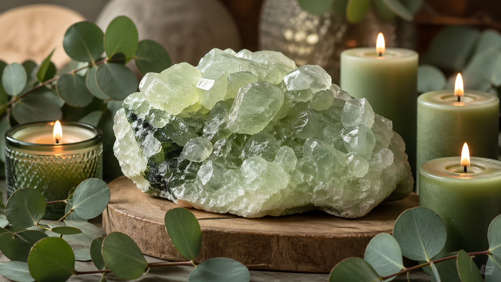 Cluster de Prehnita como núcleo de energía para rituales de sanación eterna.