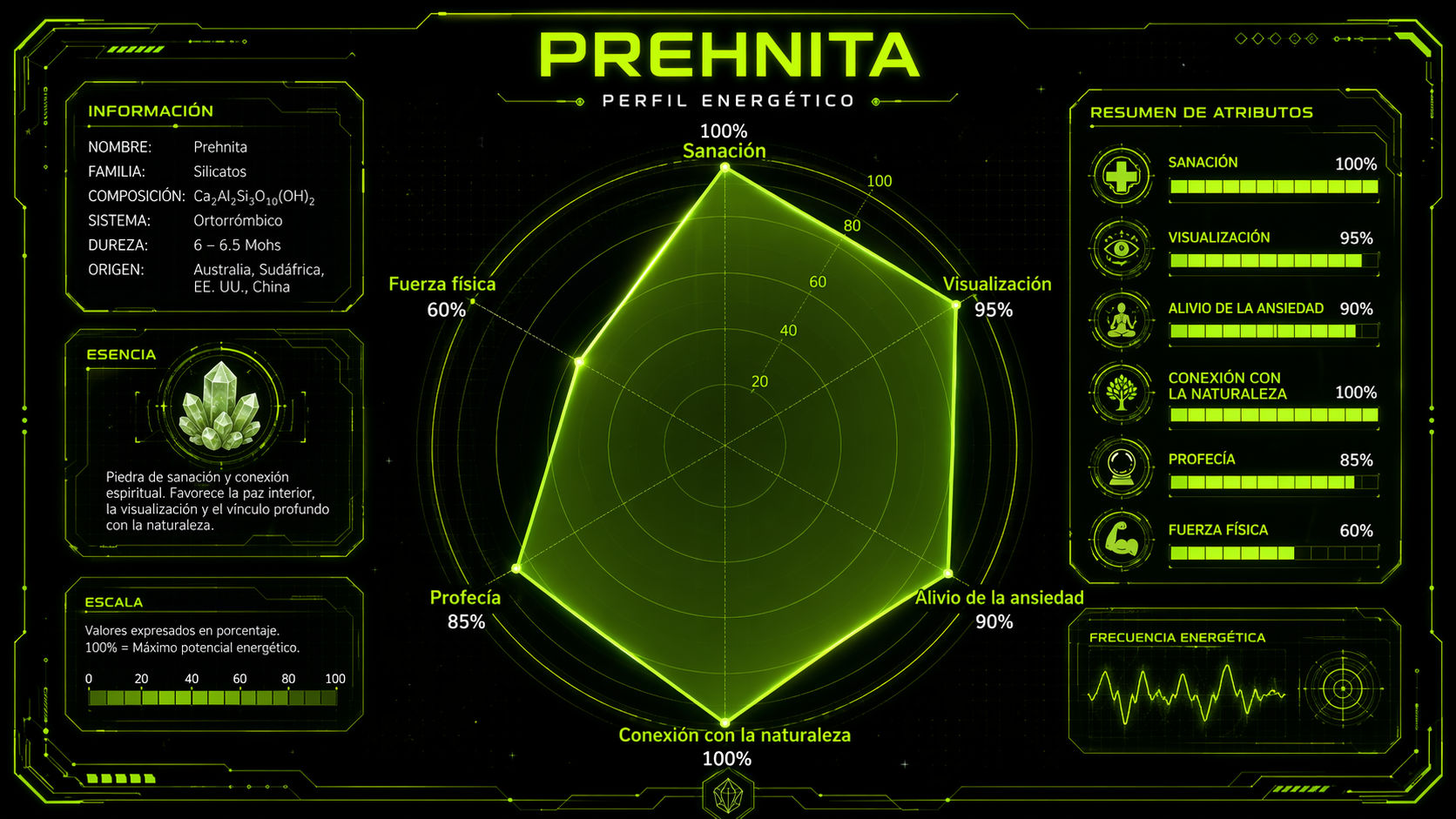 Gráfico de radar de la Prehnita destacando su máximo potencial en sanación y conexión con la naturaleza.