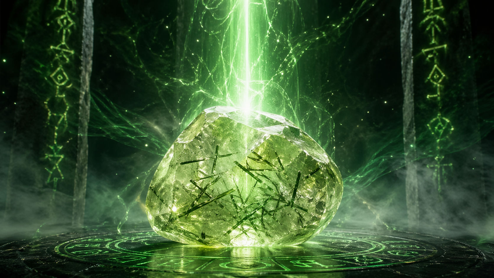 Sostén la piedra y visualiza un rayo verde esmeralda que la atraviesa, cargándola de intención profética. Este protocolo calibra la piedra específicamente para trabajos de adivinación o sueños lúcidos.
