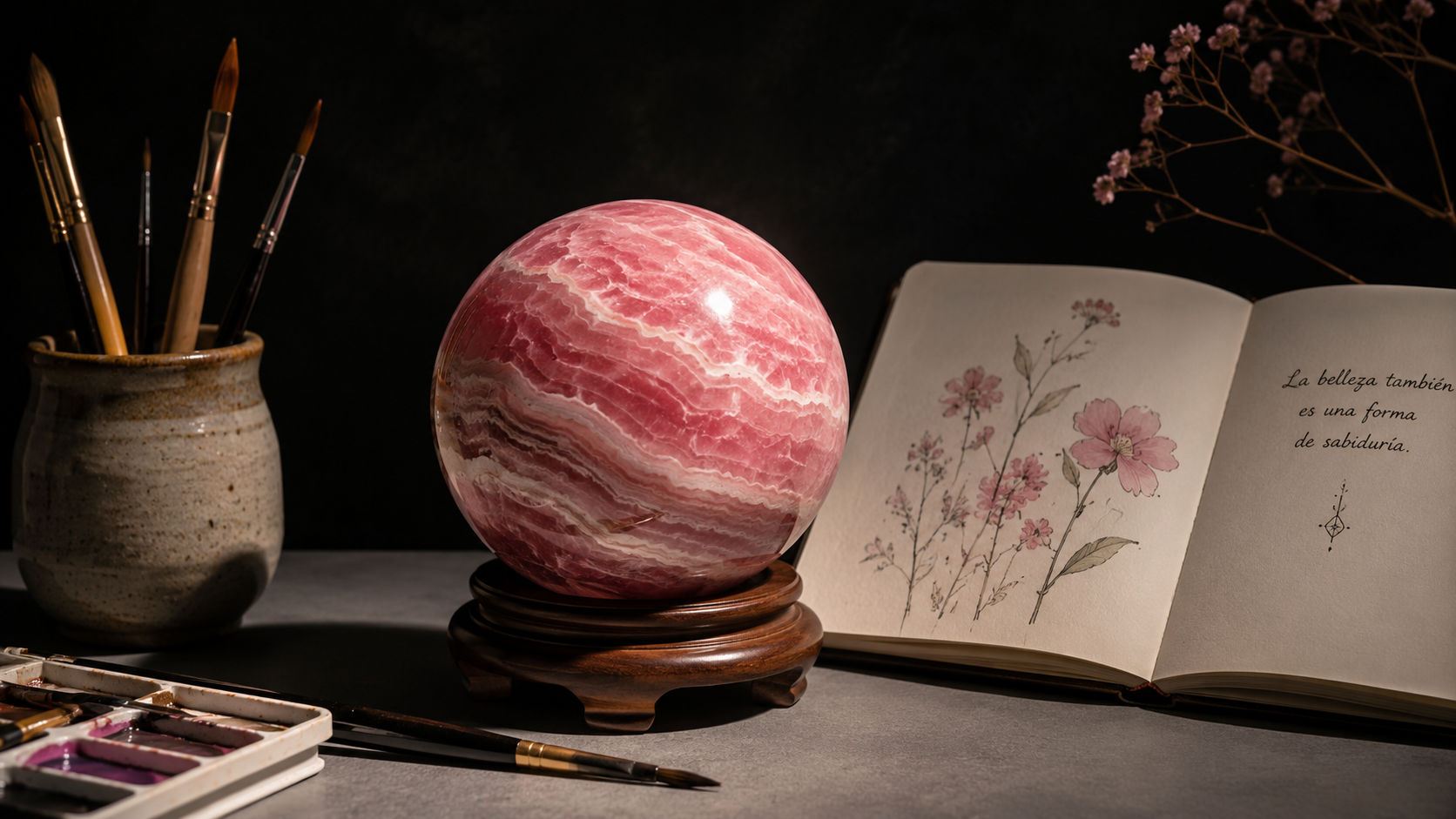 Esfera de Rodocrosita acompañando materiales de arte para infundir emoción sincera en Umbral Astral.
