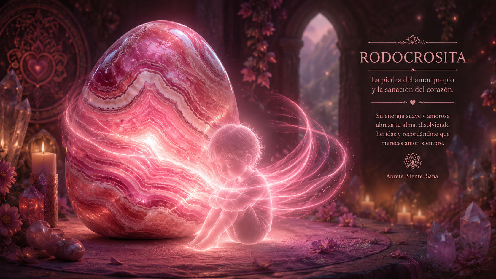 Piedra de Rodocrosita emitiendo luz rosada para envolver y sanar las memorias del niño interior.