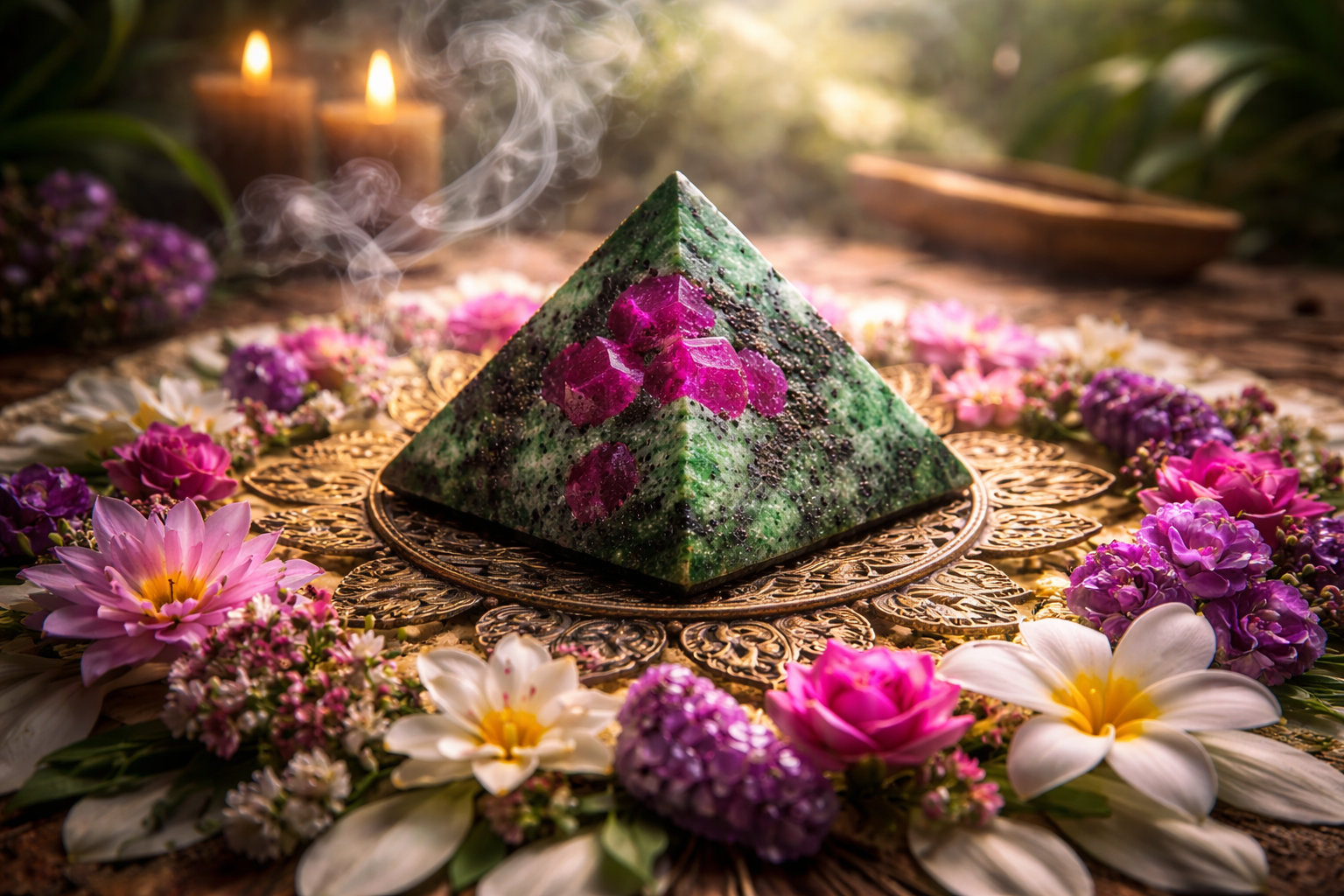 Rubí en Zoisita como eje central de meditación para unificar la pasión y la paz espiritual.