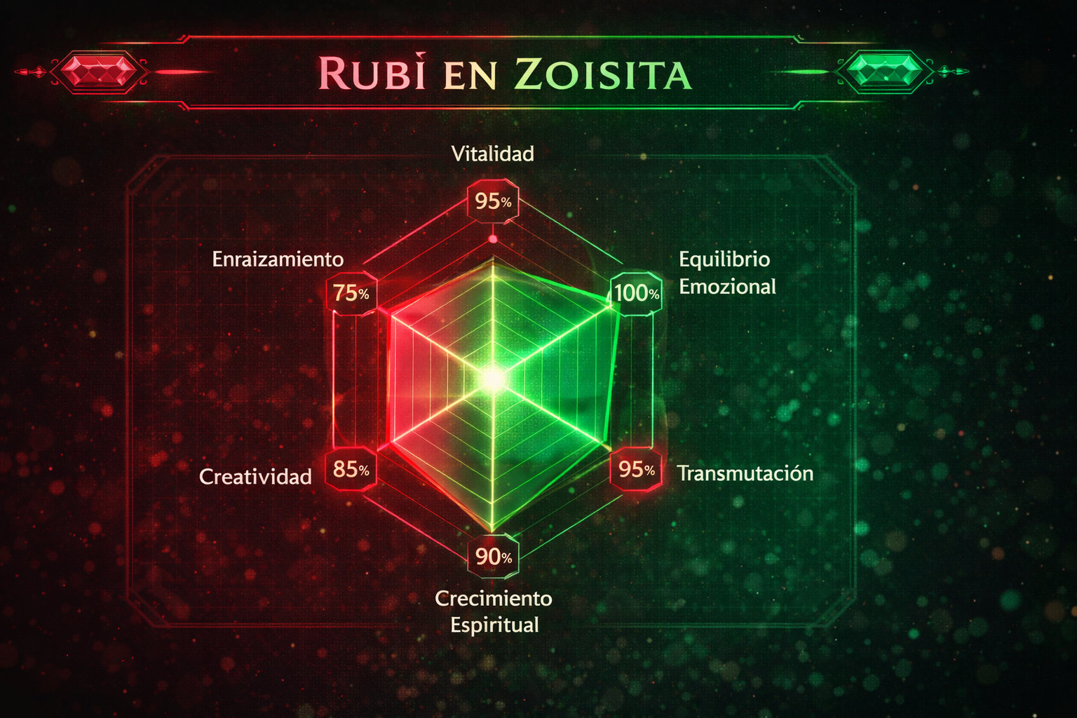 Gráfico de radar del Rubí en Zoisita resaltando su equilibrio entre vitalidad y sanación emocional.